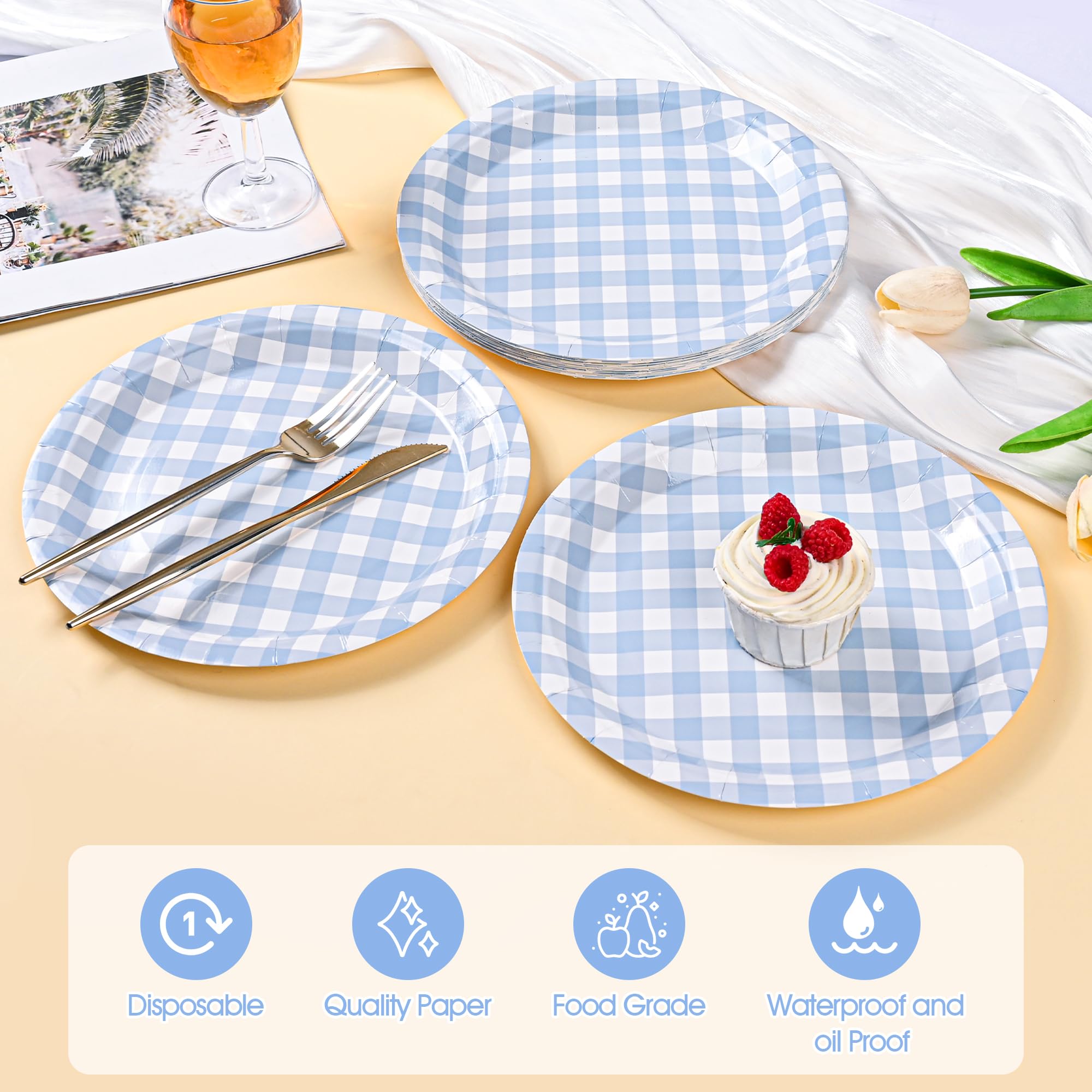 48 platos de papel azul a cuadros desechables de 9 pulgadas, platos decorativos para servir postres, para baby shower, boda, fiesta de cumpleaños