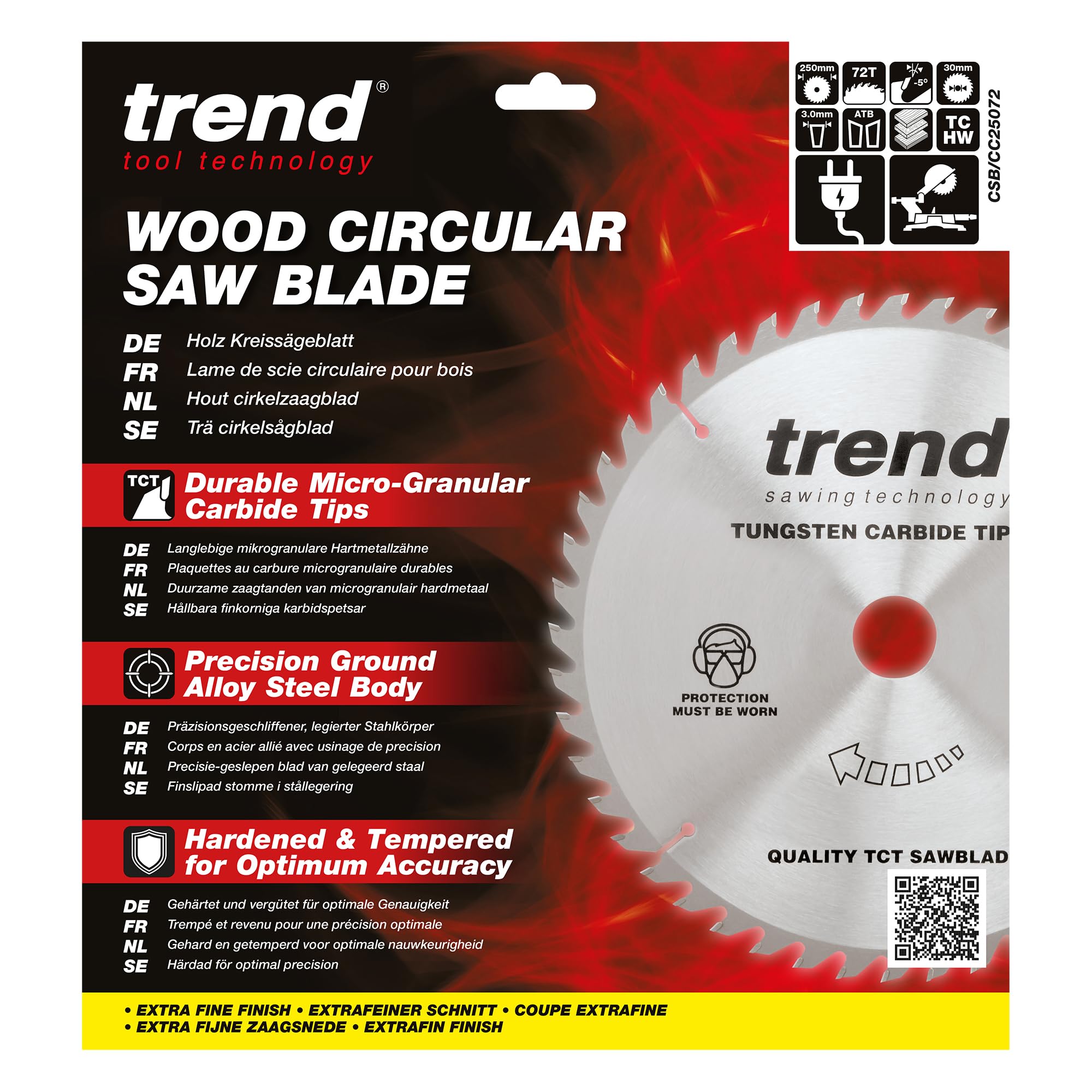 Trend Lama TCT per sega a troncare 250mm 72T foro 30mm -5° | Per tagli trasversali ultra-fini nel legno: 72T TCT in carburo, taglio 3mm, gancio -5°, CSB/CC25072