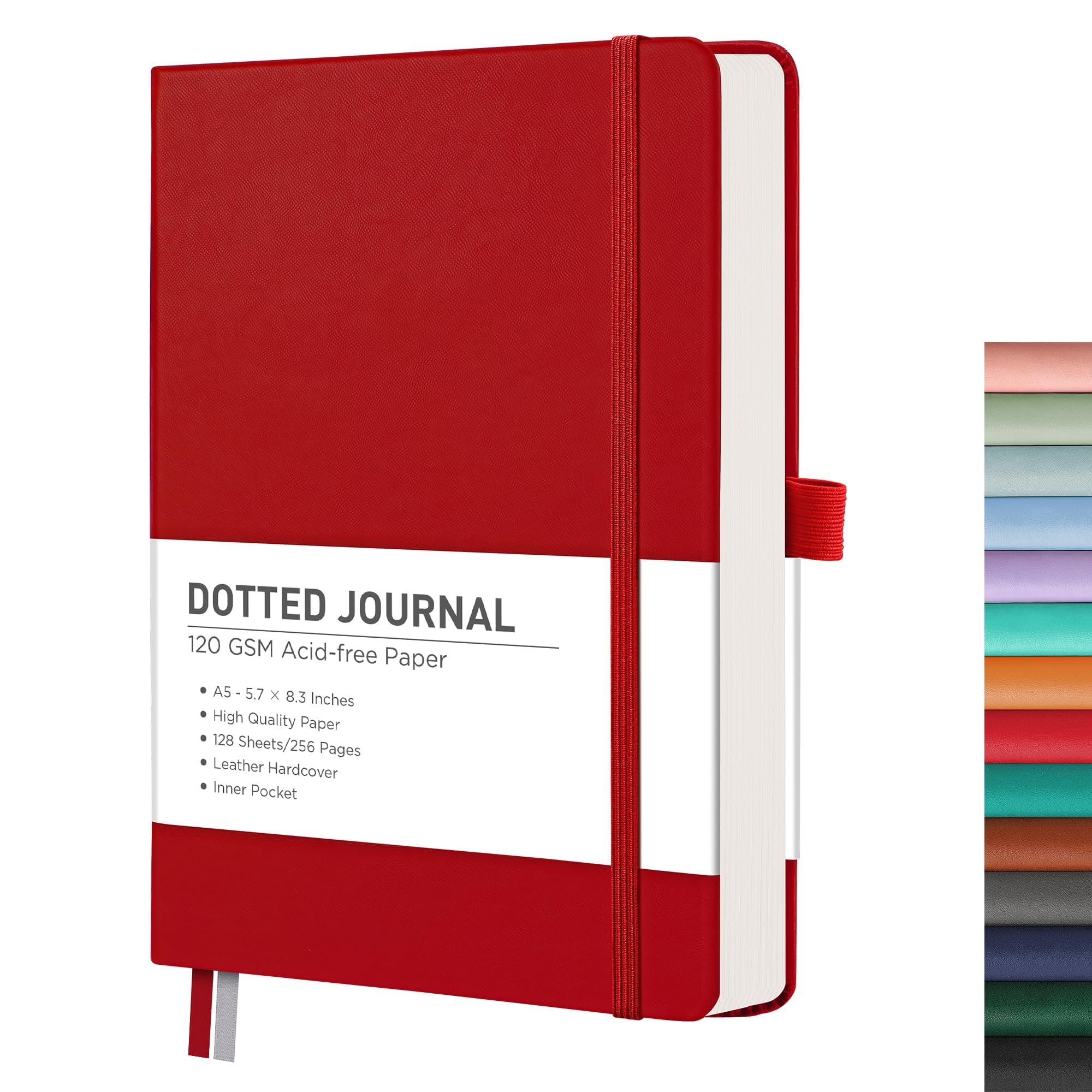 RETTACY Dotted Journal Notebook, 256 Pages, A5 Medium Size (5.7'' × 8.3''), Leather Hardcover, 120 GSM Thick Paper, for Journaling, Planning, Tracking (Red) — image 1