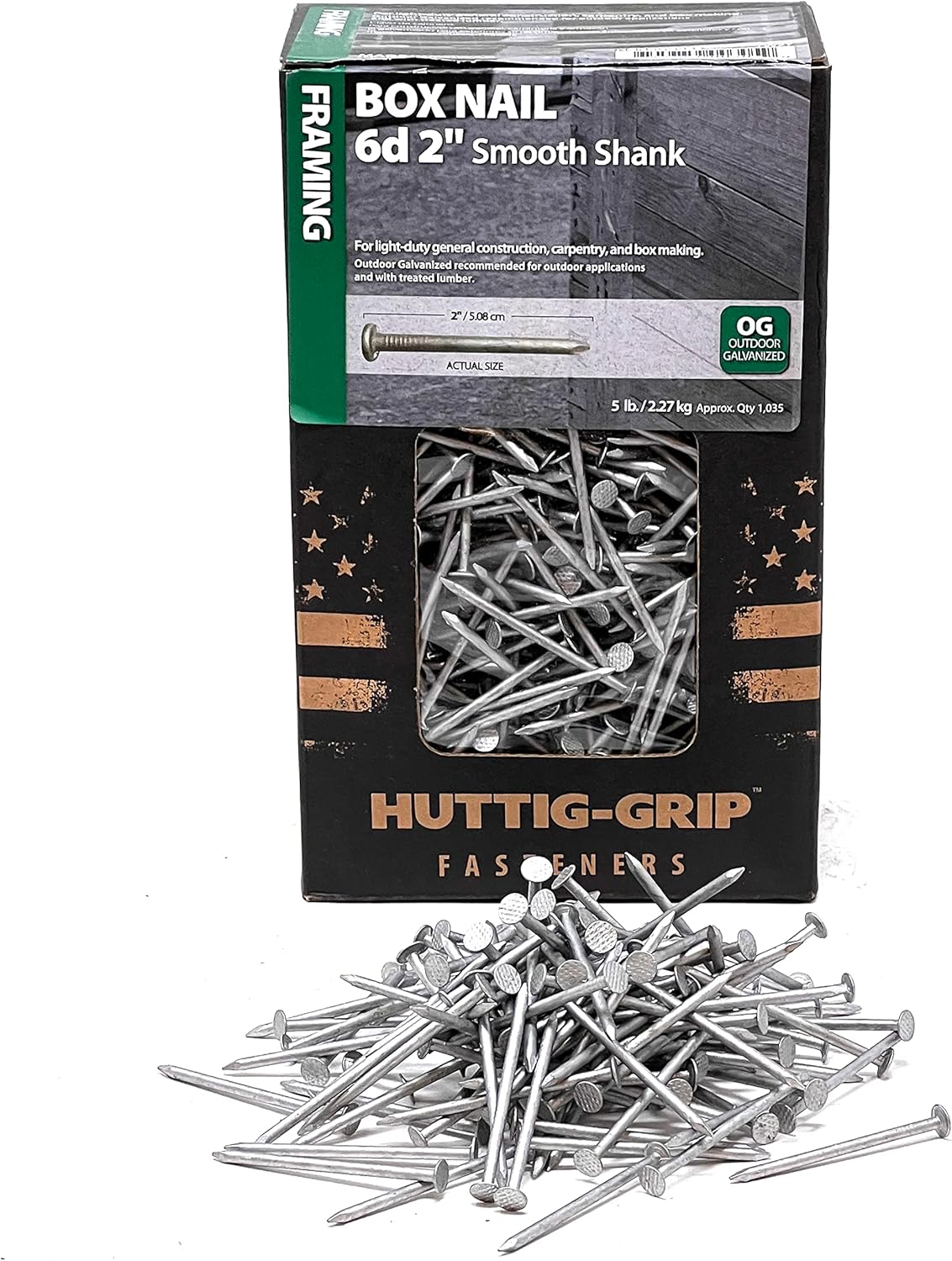 Huttig-Grip 2 in Framing Box Nails 6d Size, Outdoor Galvanized Finish, 5 lb Pack of 1035 Nails