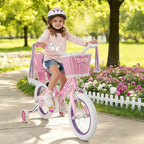Miniatura 2 de XJD Bicicleta para niñas de 2 a 12 años de edad, bicicleta para niños de 12 a 20 pulgadas, con ruedas de entrenamiento y cesta Rosa claro,Flor
