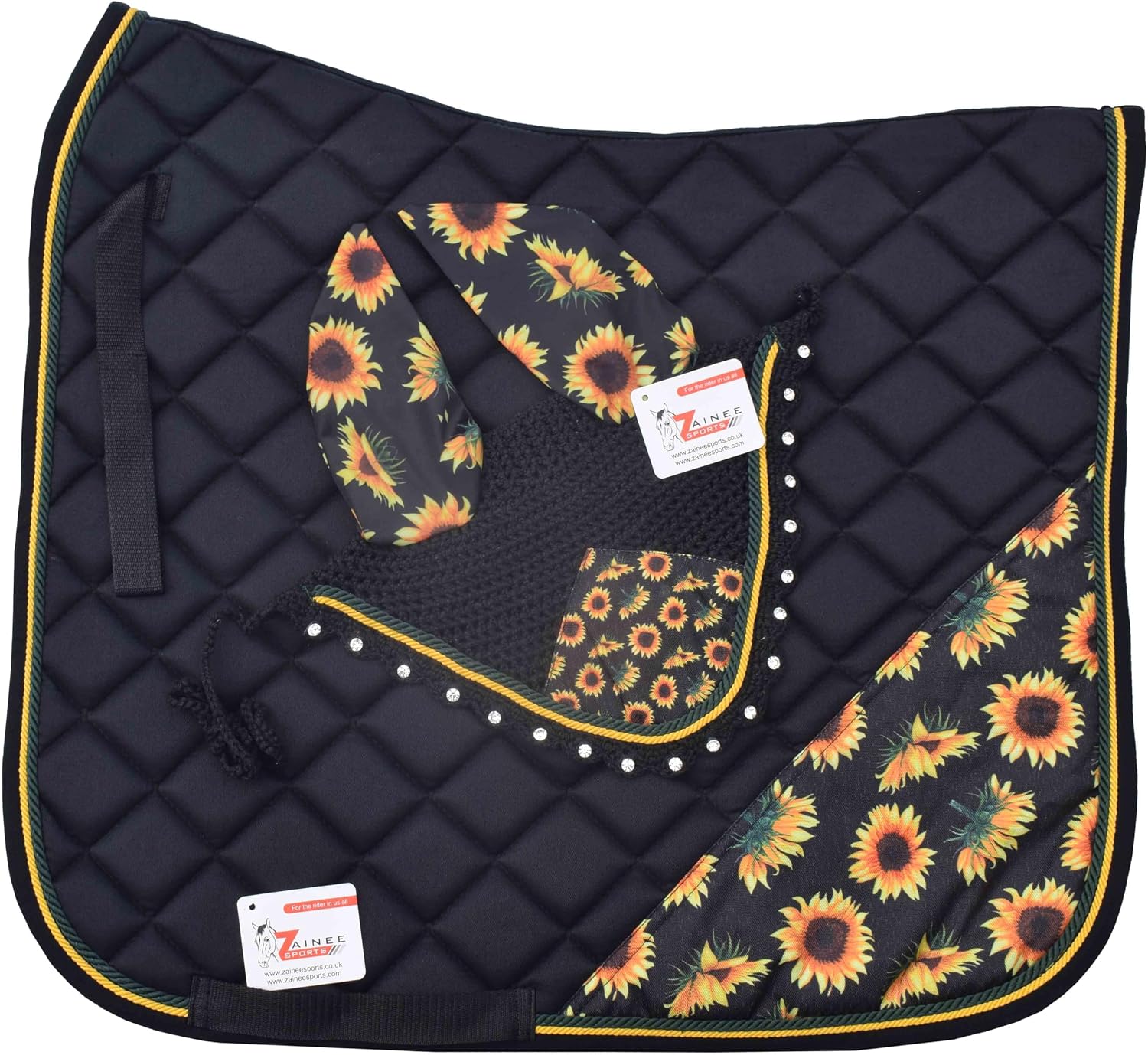 Sunflower Print Saddle Pad Set + Matching Ear Bonnet – Equestrian Riding Gear – Horse Show Accessories Dressage, Hunter/Jumper