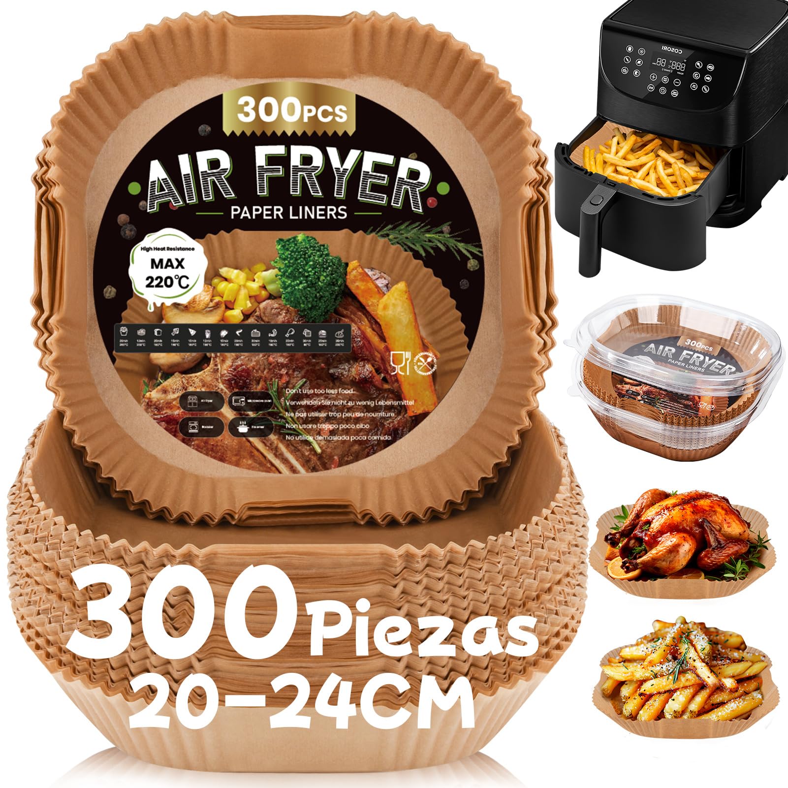 300 Piezas Papel para Freidora de Aire 5-8L, 20-24CM Papel Air Fryer Cuadrado, Papel Freidora Aire Desechable Antiadherente para Horno Microondas, Perfecto para COSORI Cecotec 5,5 6L