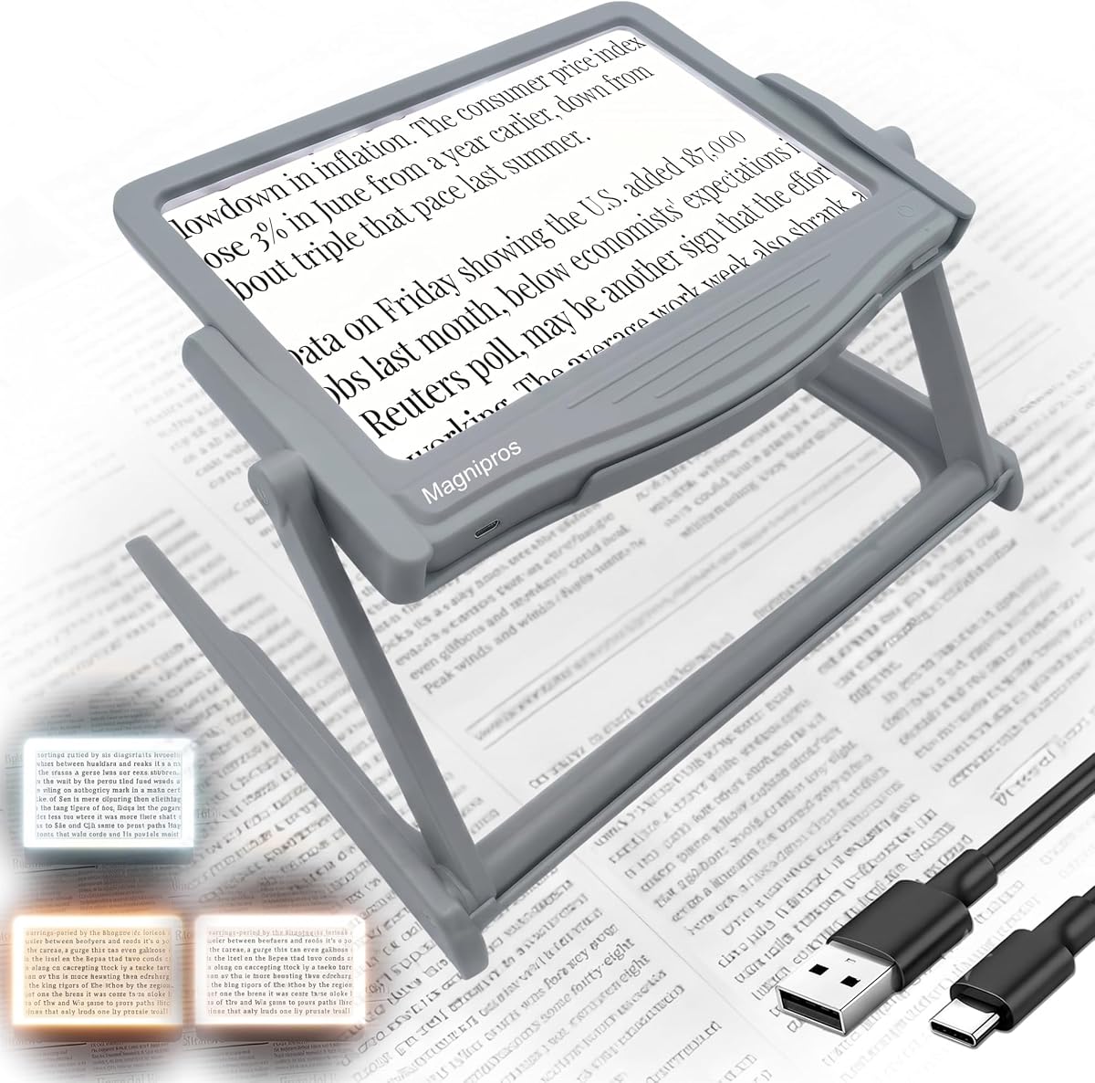 MAGNIPROS Patented 5X [Rechargeable] LED Page Magnifier with Foldable Stand | Eye Caring 3-Color Light Modes & Anti-Glare Lens for Reading Fine Print, Crafting, Low Vision & Seniors