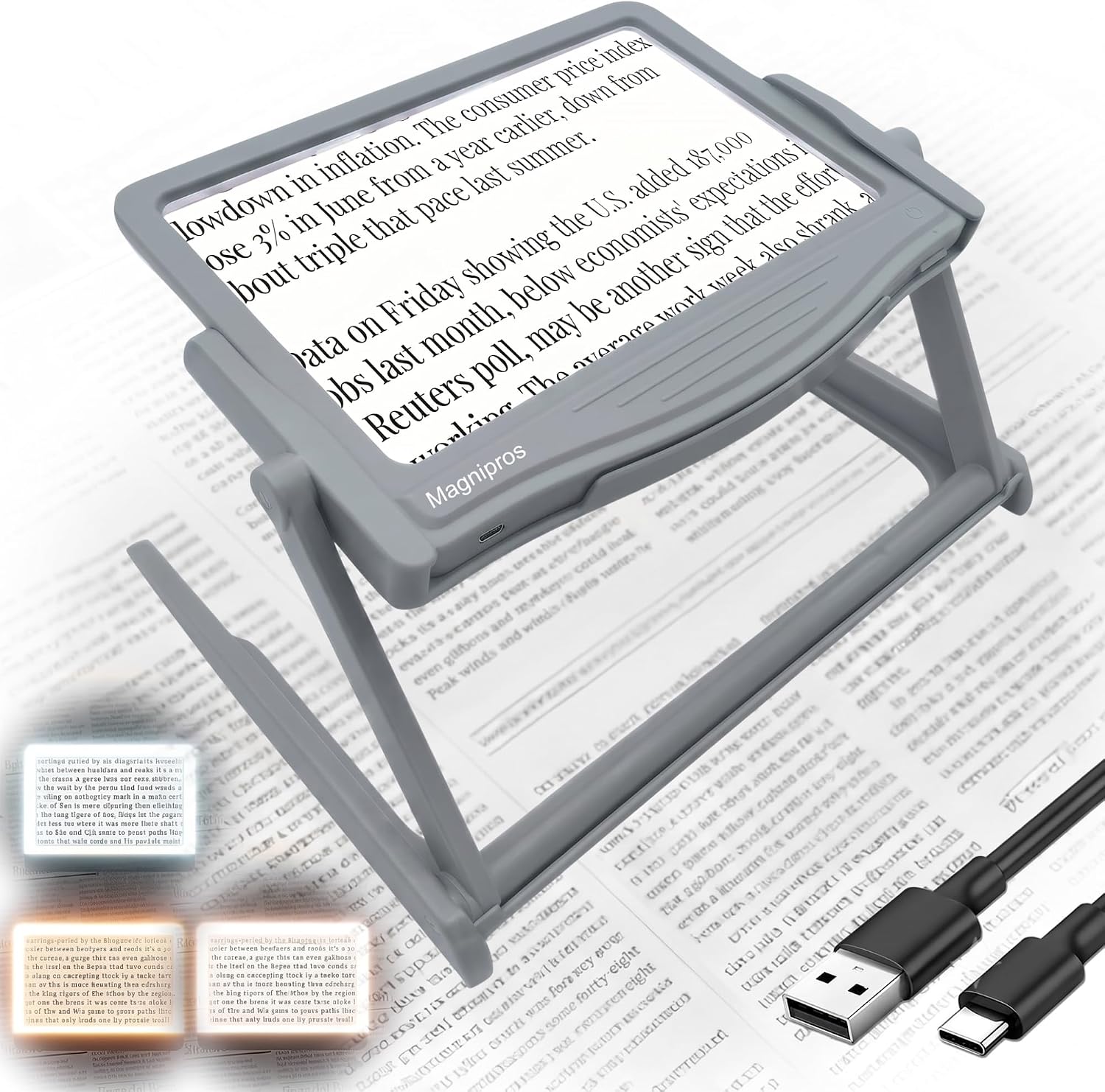 MAGNIPROS Patented 5X [Rechargeable] LED Page Magnifier with Foldable Stand | Eye Caring 3-Color Light Modes & Anti-Glare Lens for Reading Fine Print, Crafting, Low Vision & Seniors