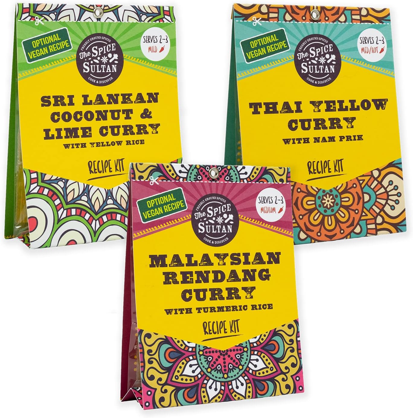 The Spice Sultan - Ultimate Asian Curry Kits Selection Box with Recipes (3 curry kits) including Thai Yellow Curry, Sri Lankan Coconut Curry and Malaysian Rendang Curry, Gluten-free, Vegan
