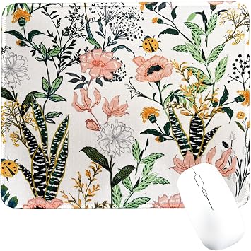 Cute Floral Square Mouse Pad with Non-Slip Rubber Base, Washable Mousepad Lycra Cloth Stitched Edge 9.5 x 7.9 Inch, Desk Accessories