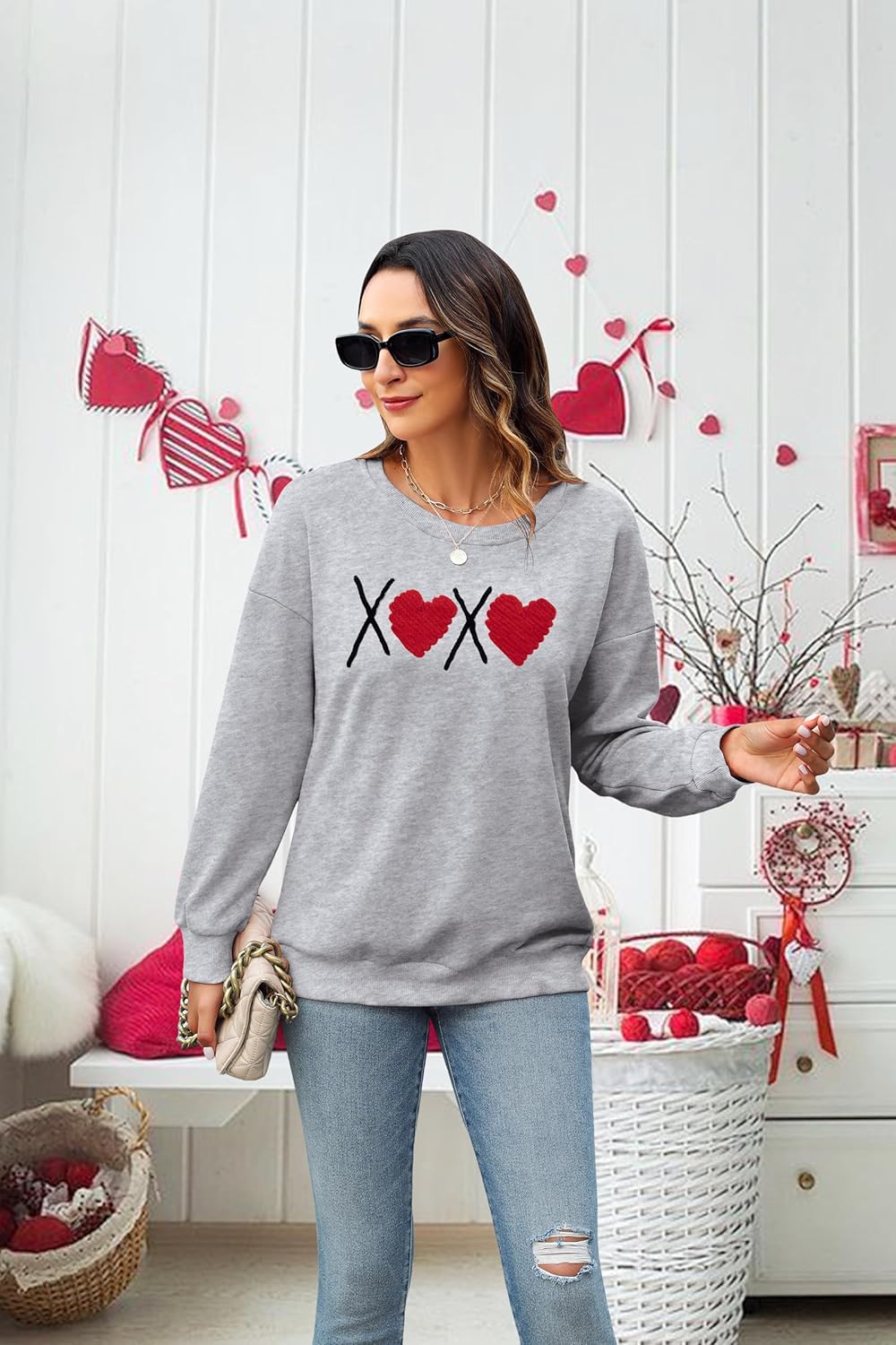 Valentines Heart Sweatshirts For Women Love Sweatshirt Cute Heart Graphic Sweater Casual Patch Pullover Tops - Image 3