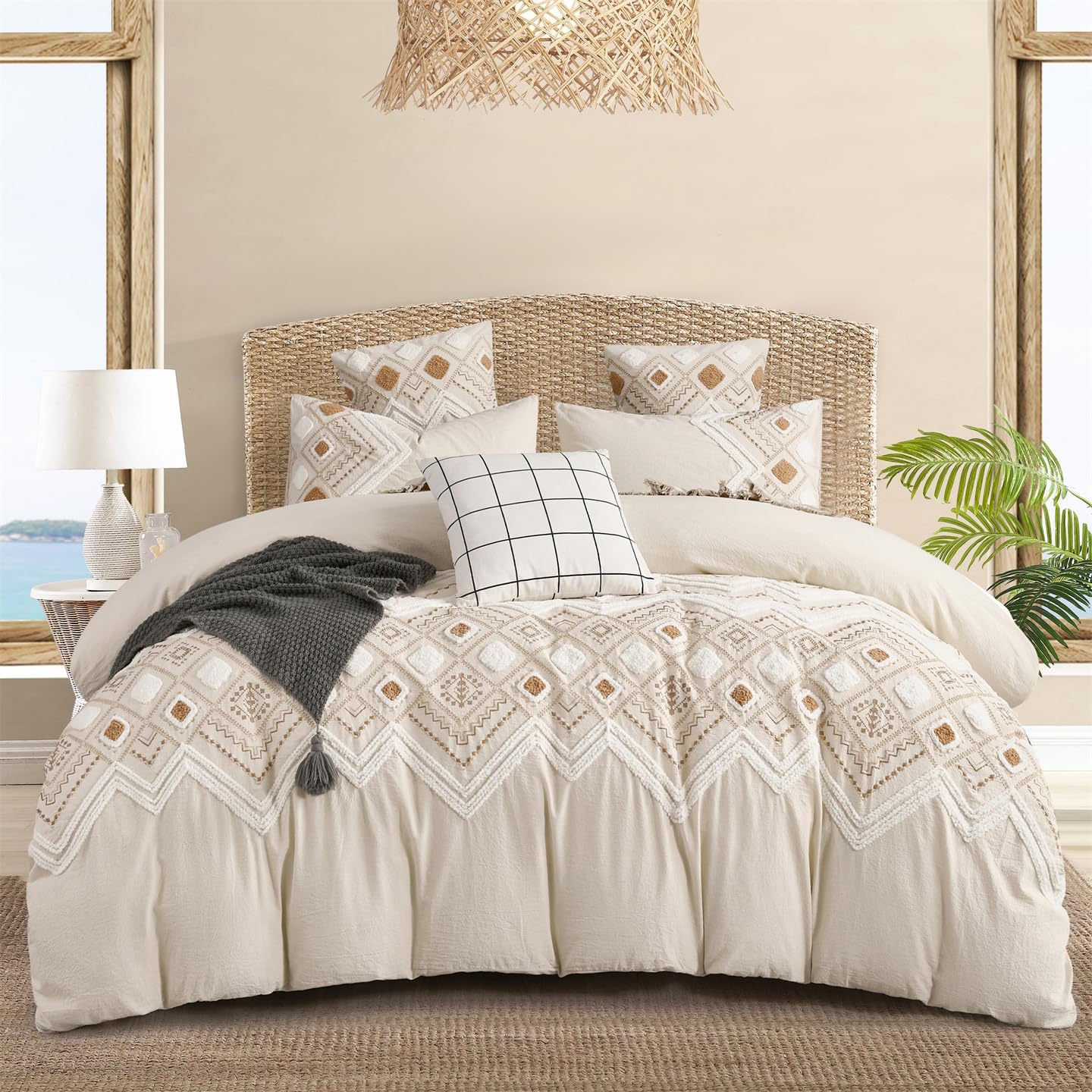 Luxurious Tufted Cotton Boho Duvet Cover King Set 3 Pieces, Top-end Textured Cotton Fabric, Breathable,No Shedding, Static-Free, No Iron,Easycare, King Size, Beige Linen Color
