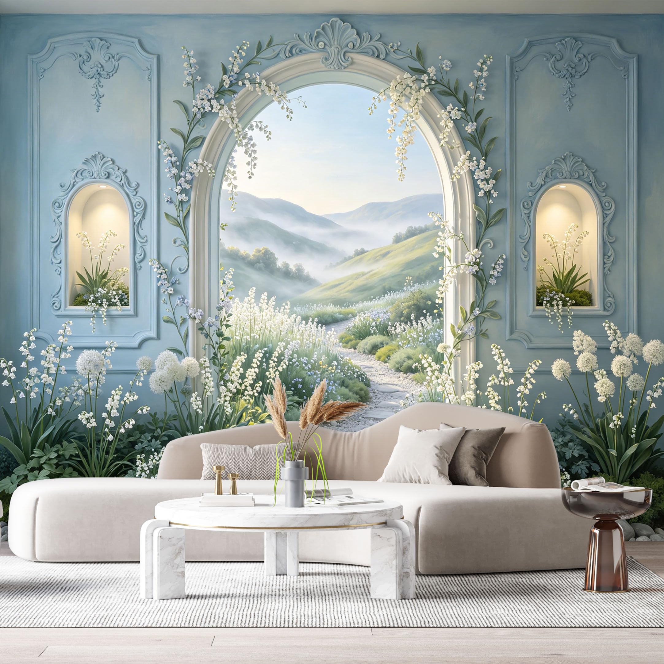 Custom Size Wall Murals Neoclassical Archway Misty Mountain Floral Path 3D Trompe L'Oeil SelfAdhesiveWall Fabric Removable Wallpaper Wall Decor for Living Room Bedroom Bathroom