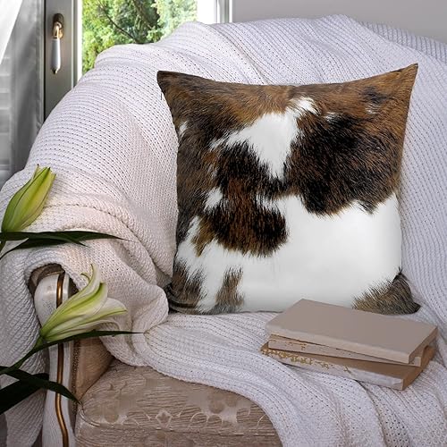 Miniatura 3 de Peryiter 6 fundas de almohada con estampado de piel de vaca de 18 x 18 pulgadas, fundas de almohada cuadradas de color marrón tricolor de Navidad,