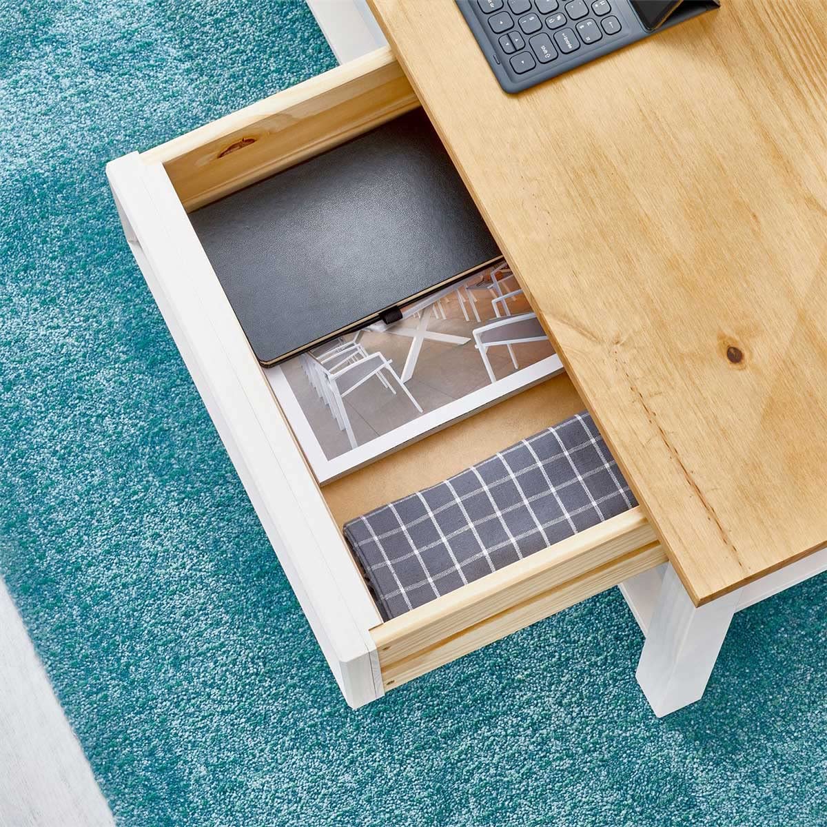 IDIMEX Couchtisch Tequila, schöner Beistelltisch mit 2 Schubladen, Wohnzimmertisch im Landhaus Stil, eleganter Sofatisch mit Ablageplatte in weiß/braun