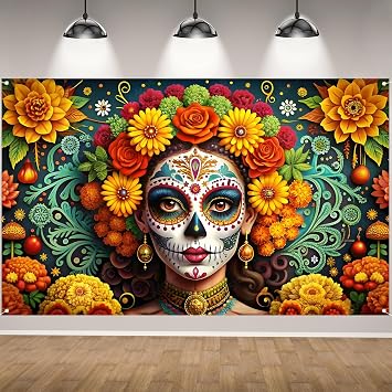 Day of The Dead Photo Backdrop Dia De Los Muertos Banner Sugar Skull Marigold Altar Mexican Fiesta Halloween Party Decorations and Supplies for Home-7143