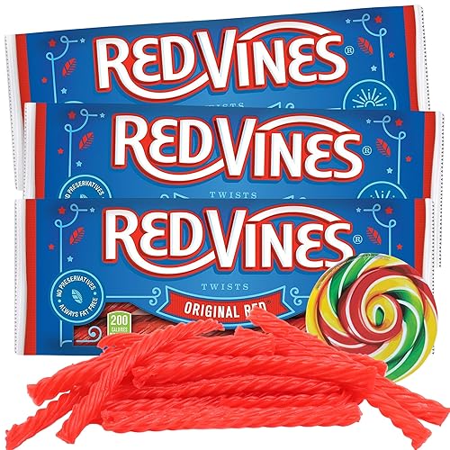 Giros de regaliz rojo, cuerdas de gomita con sabor a cereza masticable, aperitivos clásicos para fiesta de cumpleaños, 2 onzas (paquete de 3)