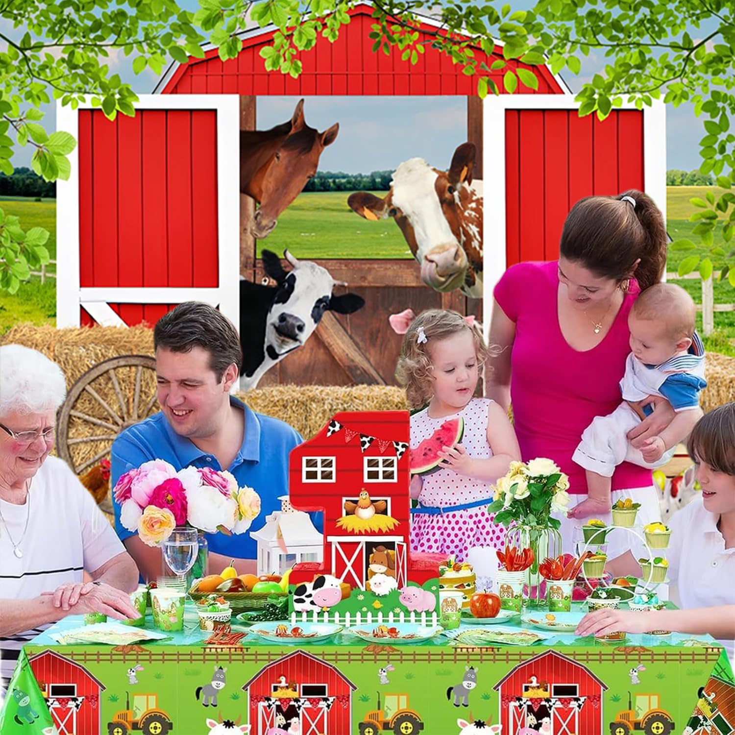 3x2.4m Sfondo Fattoria Cortile rosso del fienile Animali della fattoria verde erba pagliaio fotografia sfondo bambini ragazzi ragazze paese fattoria compleanno decorazioni Photo Booth Props