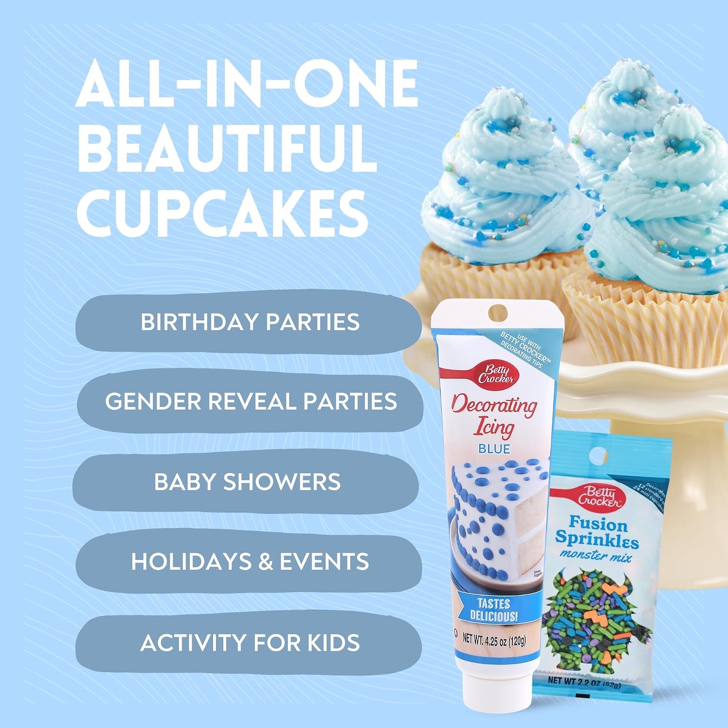 Betty Crocker Cupcake Kit For Boys - Includes 100 ct Betty Crocker blue cupcake liners, Fusion Monster Mix Sprinkles, and Decorating Blue Icing - Perfect for gender reveals, baby showers, & birthdays