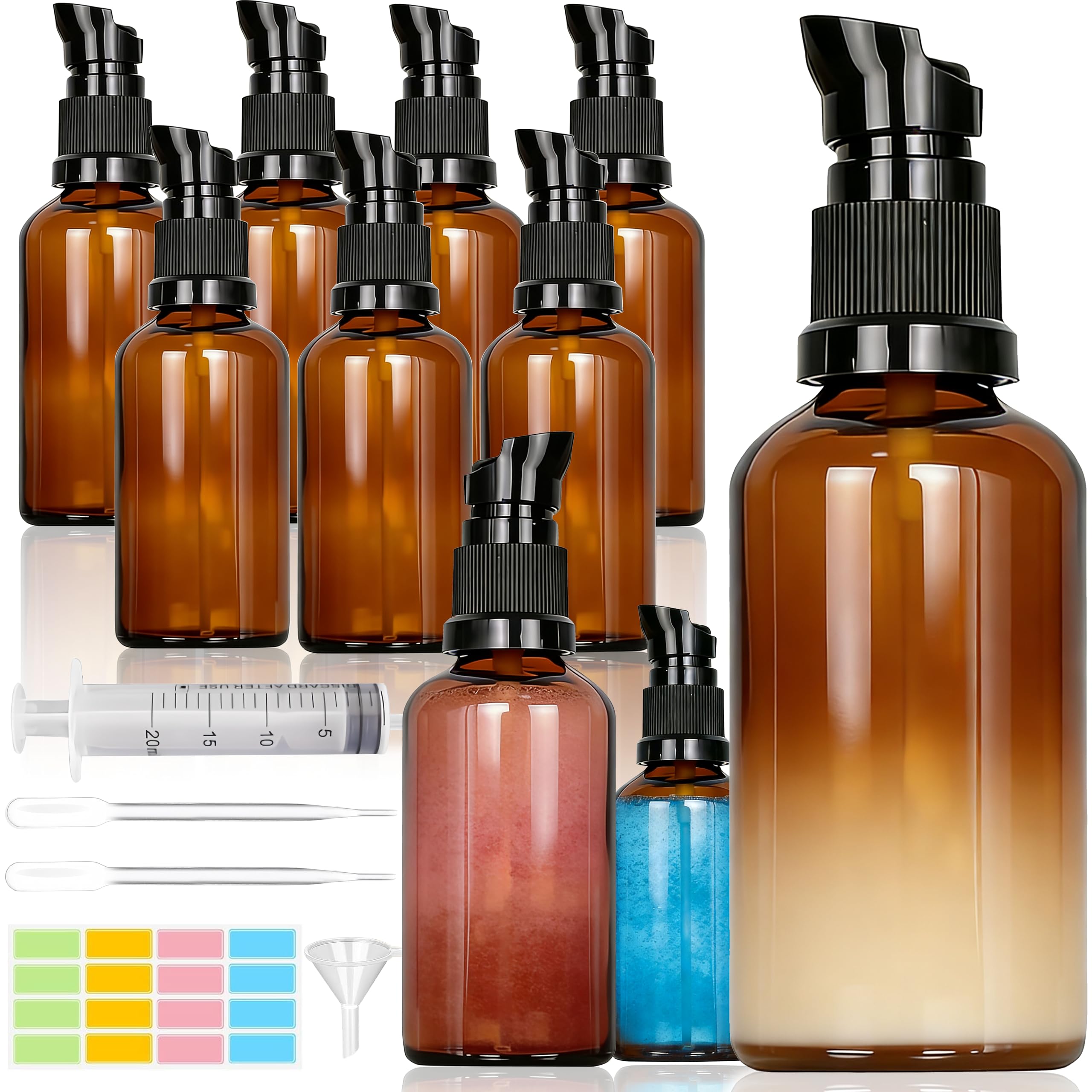 10 pezzi 50 ml Flaconi Vuoti per Oli Essenziali, Flaconi Vuoti in Vetro Ambrata con Pompa, Vetro Marrone Bottiglie da Viaggio, Protezione UV, Ambra, per Cosmetici, Lozioni, Oli Essenziali