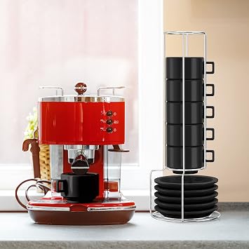 Houseables Espresso Cup Set, Espresso Cups Stackable, Expresso, Demitasse, with Saucers, Stand, Spoons, Coffee Mugs, Juego De Tazas Para Cafe, Porcelain, Stacking, 19 Pieces, Set of 6, 2.5 oz, Black