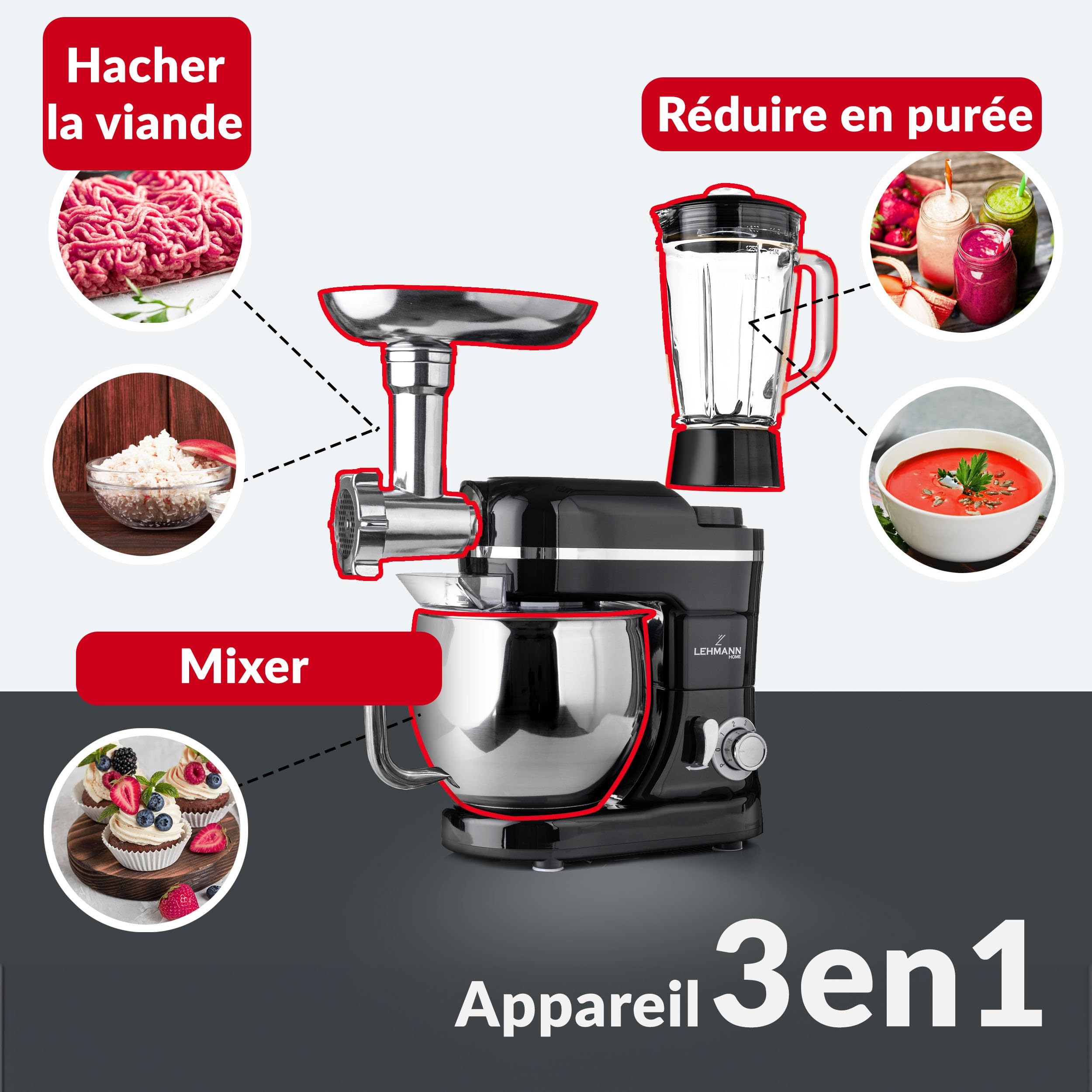 LEHMANN Robot Pâtissier & Robot de Cuisine Multifonction 3-en-1, avec Hachoir à Viande, Blender en Verre 1,5L, Bol Inox 5L, Mouvement Planétaire, 6 Vitesses + Pulse