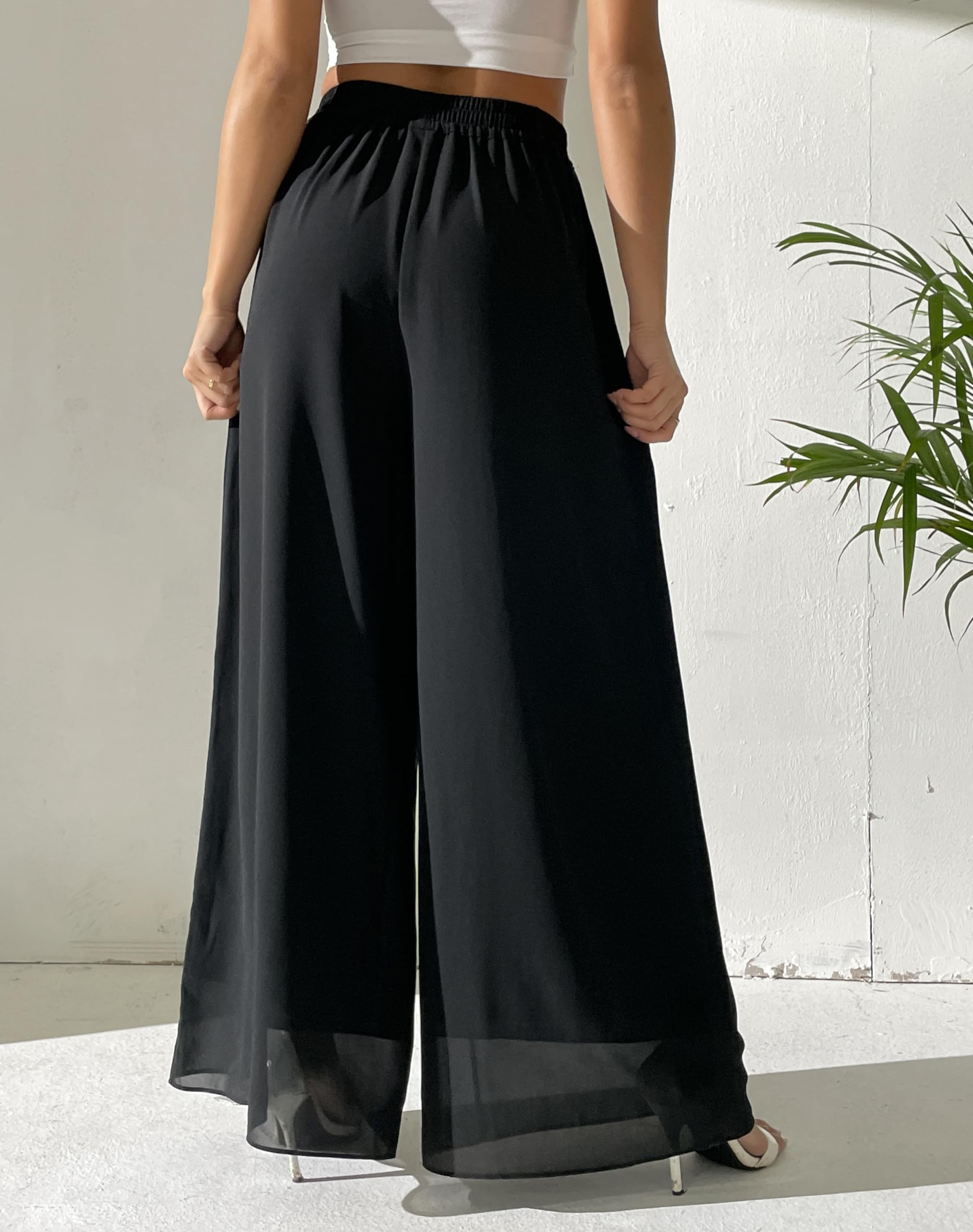 Yehopere Palazzo-Hose für Damen, elegant, fließend, Chiffon, doppellagig, Sommer, Boho, weites Bein, lässige Lounge-Hose