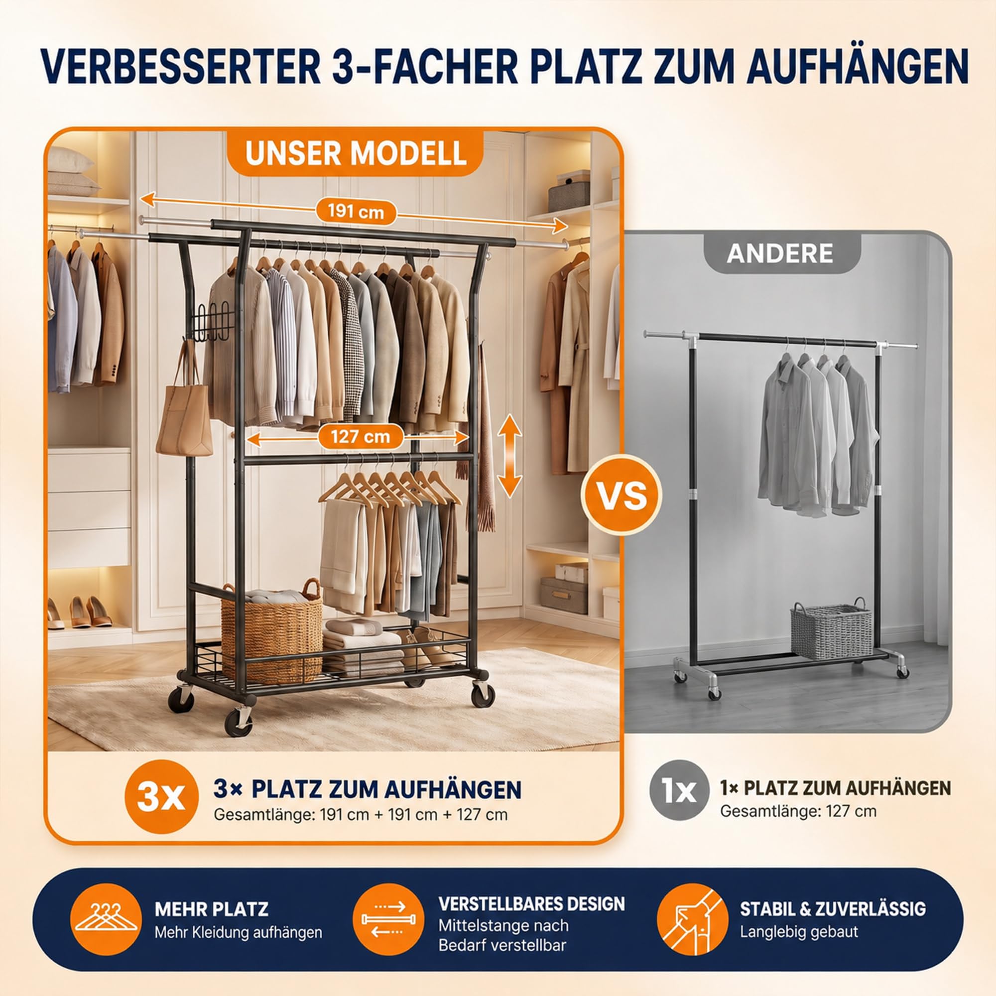 Kleiderständer, Kleiderstange Rollen, Schwerlast Kleiderständer, bis 300 kg belastbar, stabil& ausziehbar, Garderobenständer mit 3 Kleiderstangen& Aufbewahrungskorb, 188*55*185 cm, schwarz