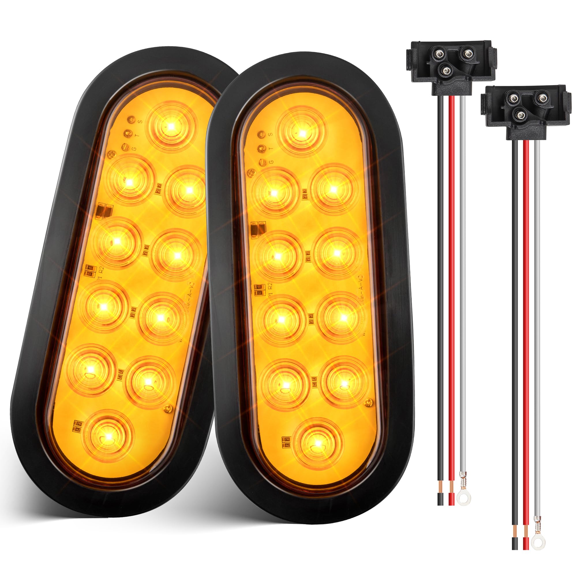 Oyviny 6 Inch 10 LEDs Oval Amber Trailer Tail Lights W/Light Wiring 2PCS, Super Bright 6" LED Parking Turn Signal Lights with Flush Mount Grommets for