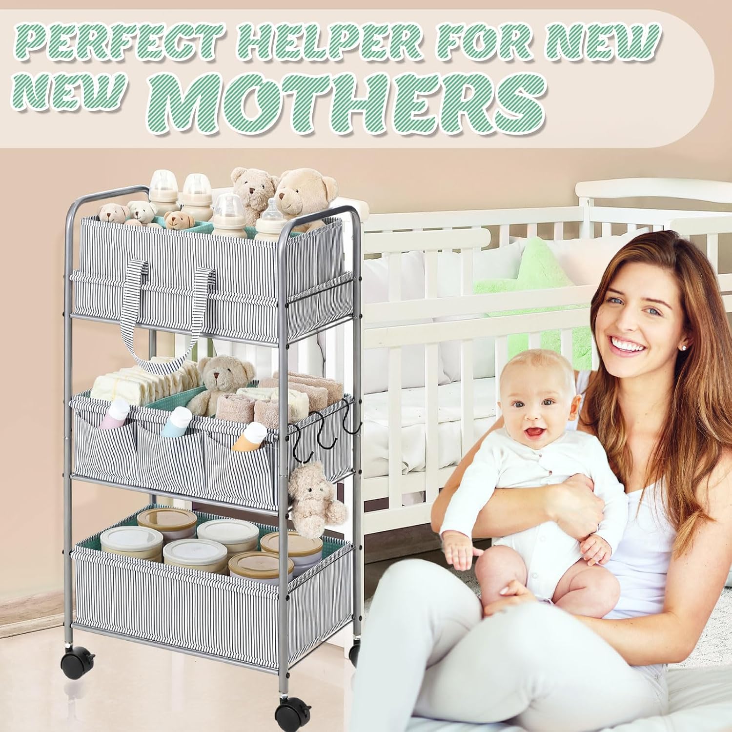 WILLBOND 2 in 1 Baby Diaper Caddy Organizer Cart, 3 Tier Large Stripe Bedside Rolling Cart Metal for Baby Essential with Divider for Newborn Registry Must Have Nursery Bedroom Mother Gift(Green)