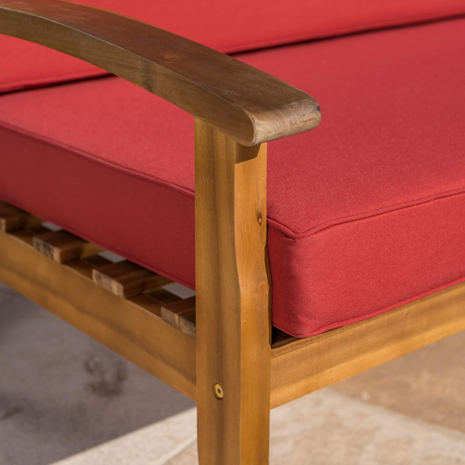 Christopher Knight Home Peyton Outdoor Acacia Wood Loveseat and Coffee Table Set with Water Resistant Cushions, Teak Finish / Red : Patio, Lawn & Garden