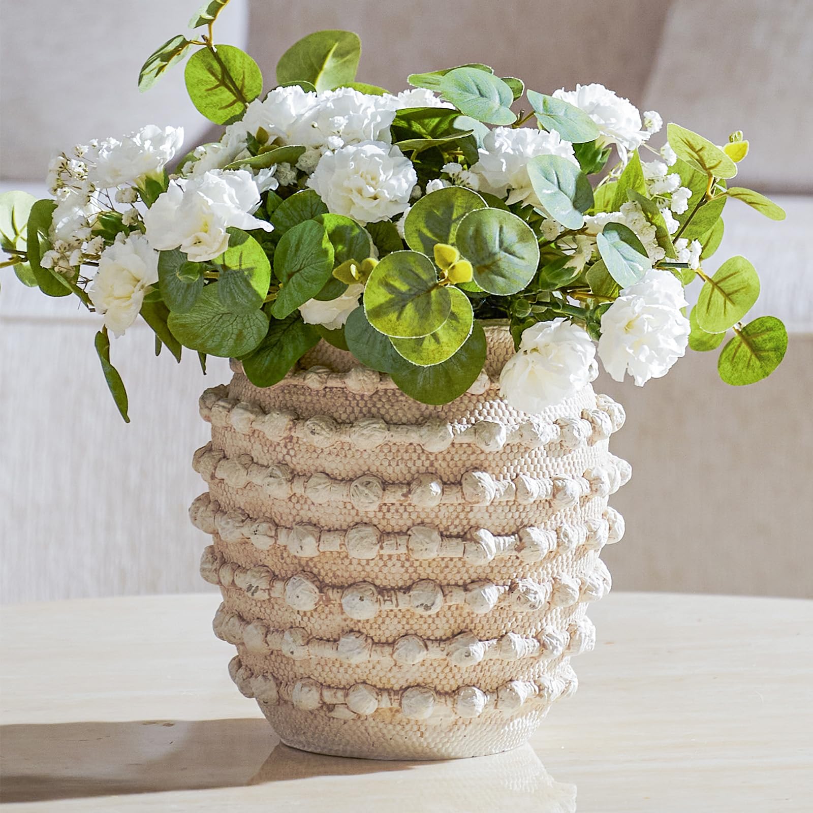 DN DECONATION Beige Rustic Farmhouse Vase, 8.2 Inch Textured Boho Vase for Home Decor, Cement Decorative Flower Vases with Rope Knots for Living Room,