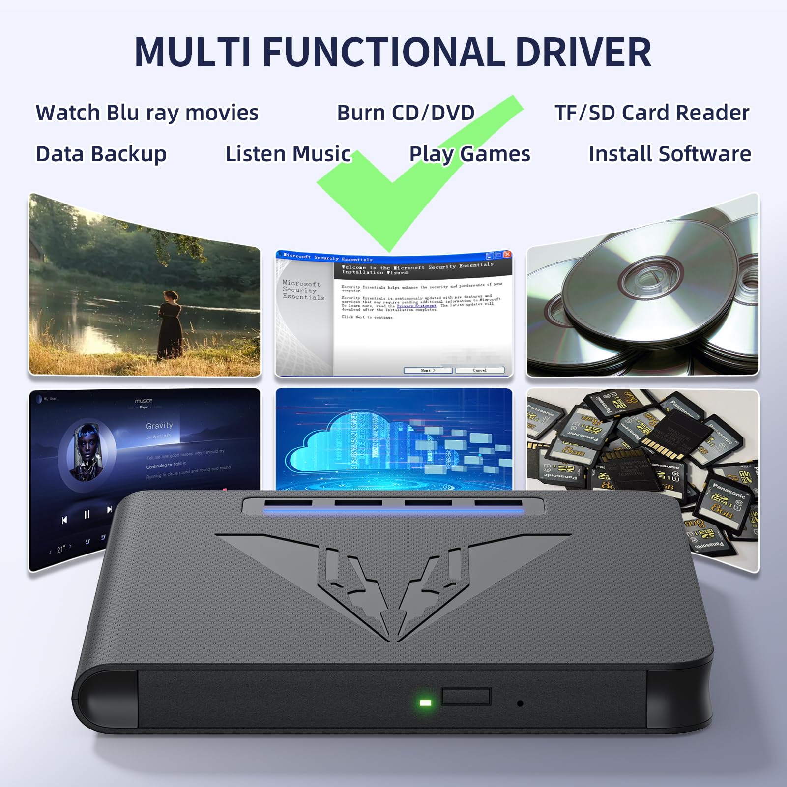 Unidad Blu Ray externa 7 en 1 y quemador para PC portátil, grabadora Blu Ray/DVD/CD portátil con soporte de disco de 100 GB, lector de tarjetas SD/TF y hub USB 3.0 para Windows MacOS Linux