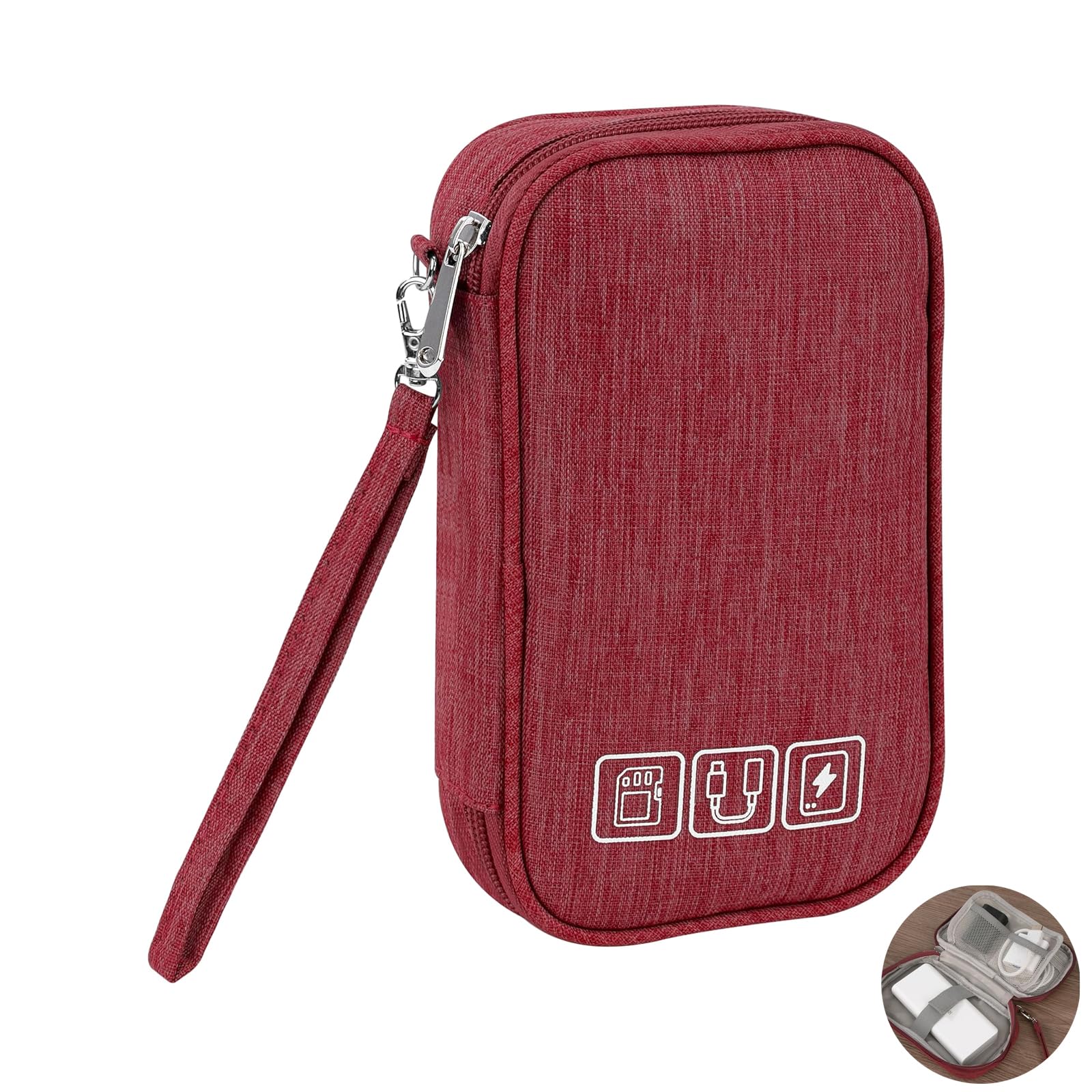 Leequnq Wine Red Travel Organiser, Small Electronic Accessories Organizer, Travel Cable Organiser, For Portable Charger, Cables, Earphone, Cord, Sd Card, Phone(Wine Red)