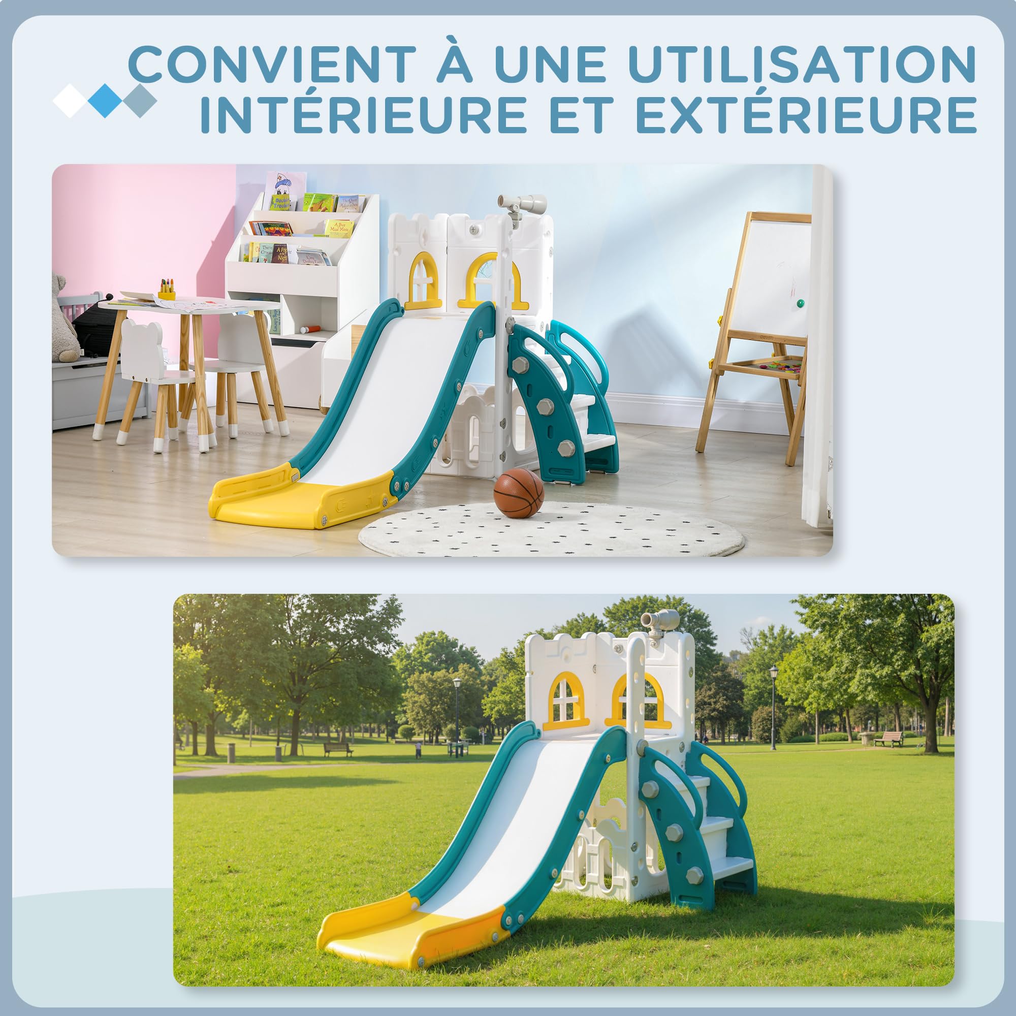 AIYAPLAY Toboggan pour Enfant 5 en 1 avec Panier de Basket Télescope Jaune | Espace de Rangement, Ballon, Escalade Antidérapante, Aire de Jeux Intérieur et Extérieur, pour Garçons et Filles 1-3 Ans
