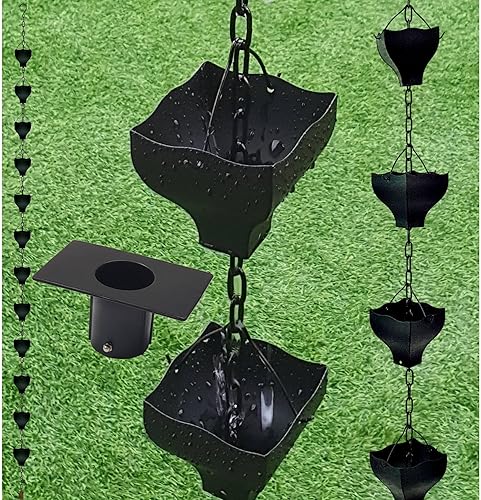 Miniatura 2 de Cadenas de lluvia originales de hierro de tulipán negro de 9 pies para canaleta y barril de lluvia, repuesto para bajante, cadena de lluvia chapada