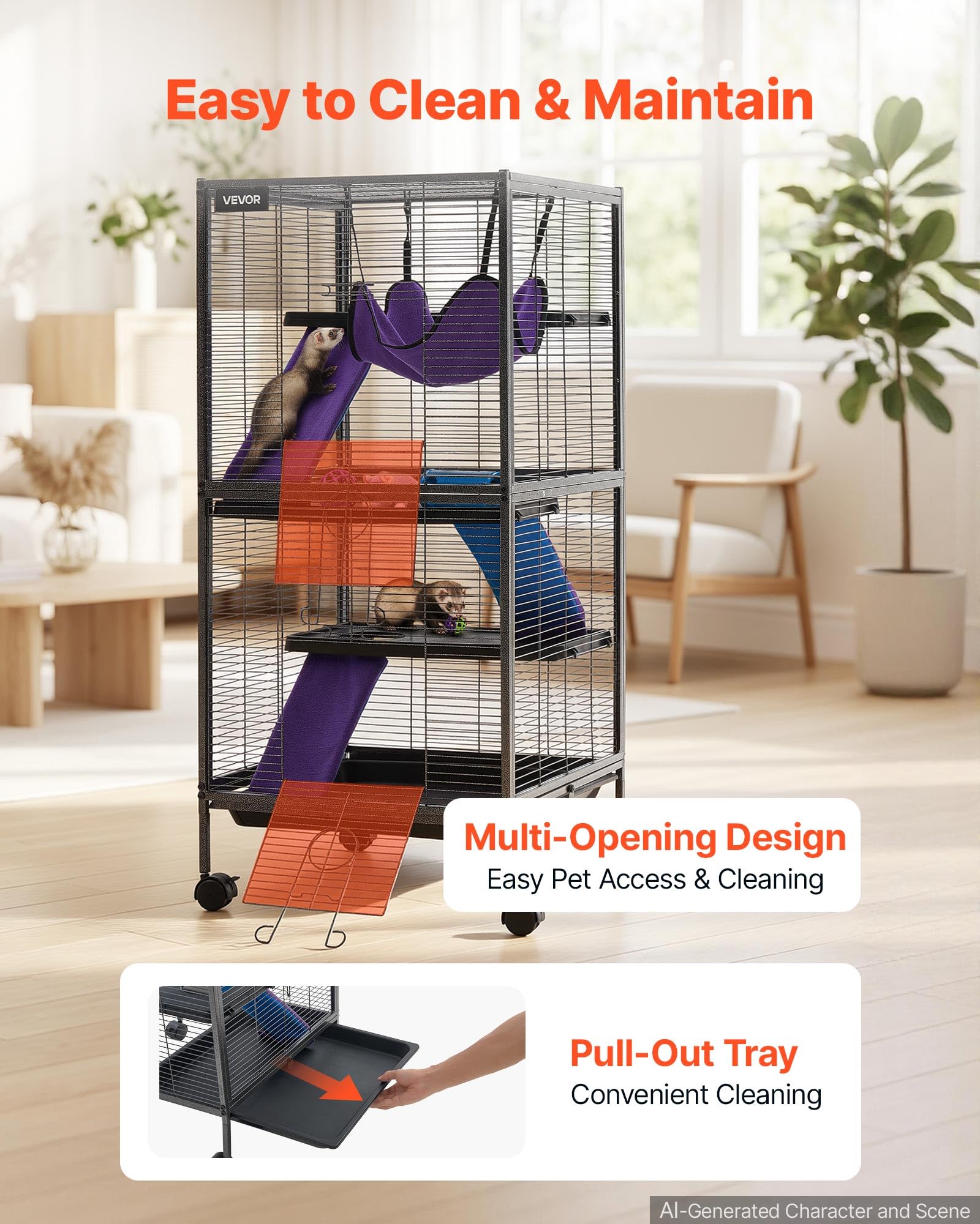 VEVOR Gabbia per Piccoli Animali in Metallo 113 cm a 4 Livelli con Ruote