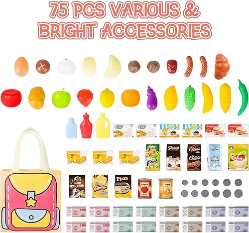 Miniatura 3 de deAO Carrito de compras de juguete para niños, juego de 75 piezas con comida de simulación, frutas, verduras y accesorios, carrito de compras de