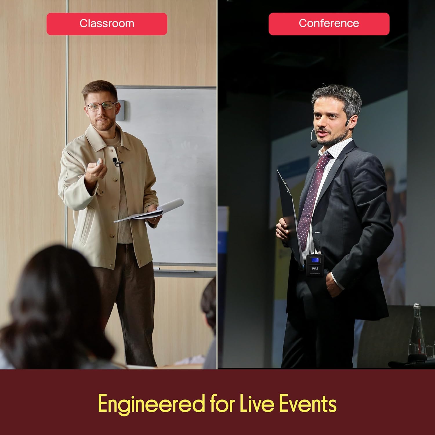 Pyle Wireless Microphone System with 4-Channel Mic Receiver | Includes 4 Lavalier & 4 Headset Mics | Independent Volume Controls and Rack Mountable Design | 300 ft Range for Live Conferences & Events