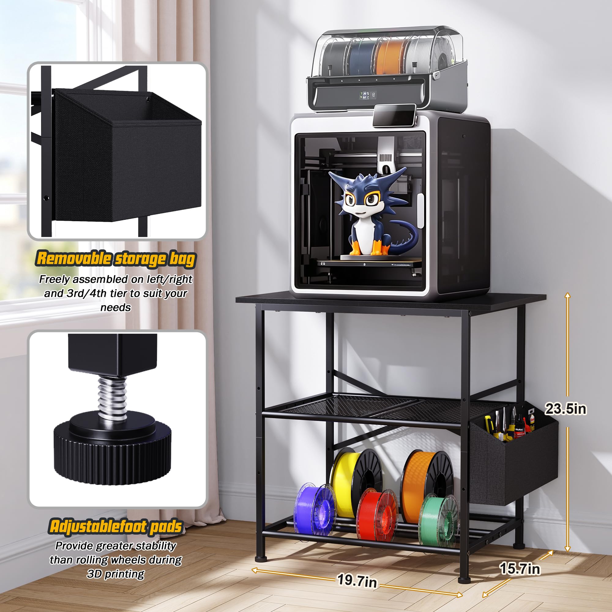 3 Niveaux Support Imprimante 3D, Meuble Imprimante avec bac de Rangement pour Fil et Poche Latérale, Support de Rangement pour Imprimante à Fixation Murale pour Bureau (Negro)