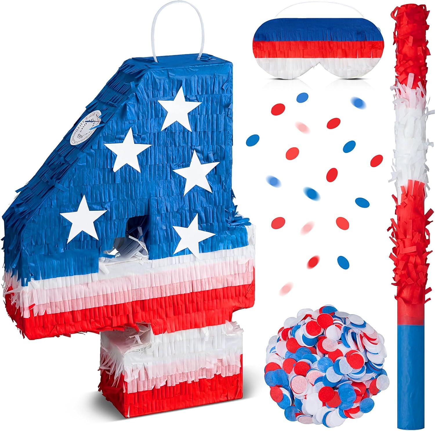 Soulchen Number 6 Pinata Patriotic American Piñata Birthday Decorations Memorial Day Independence Day Fourth of July Party Supplies Outdoor Red White Blue with Stick Blindfold Confetti Paper