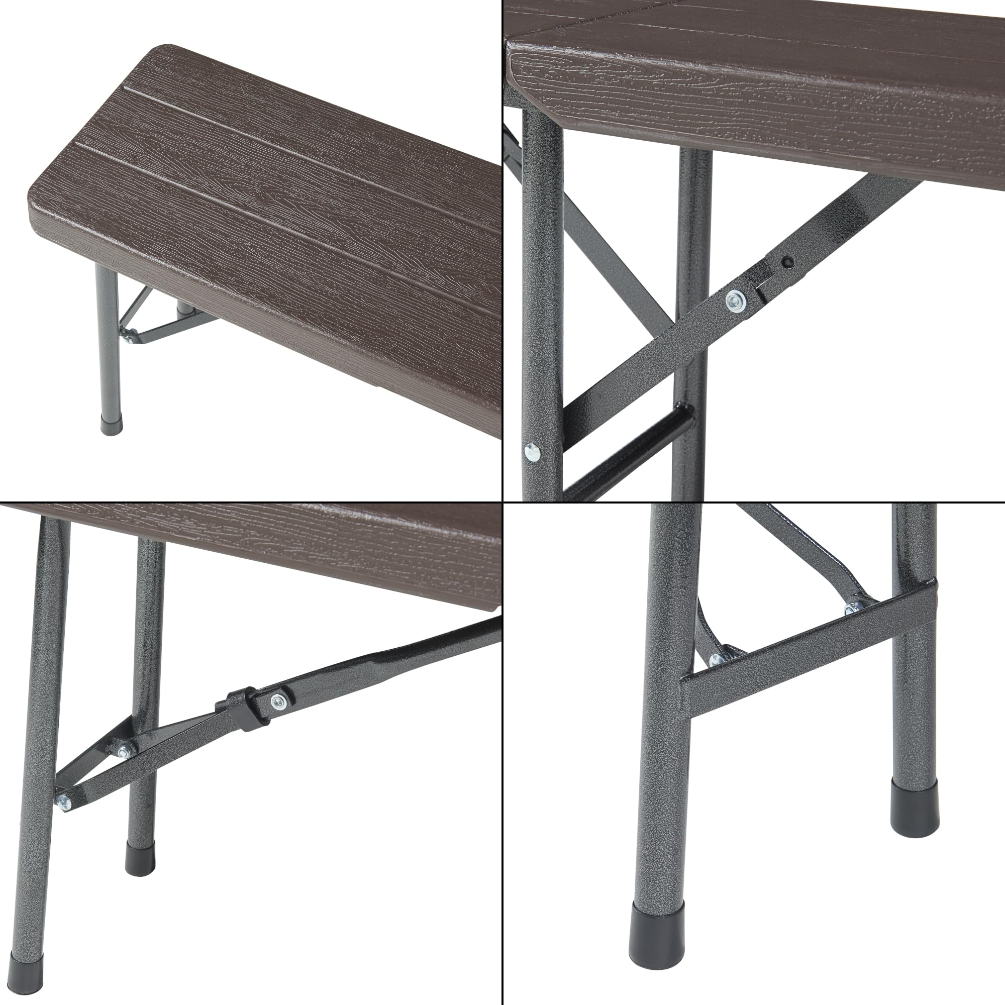 [en.casa] Lot de 2 Bancs de Camping Pliables pour Extérieur Festivals Pique-Nique Banc Pliant pour 4 Personnes Poignée de Transport Métal HDPE 180 x 25 x 43 cm Effet Bois Marron Foncé