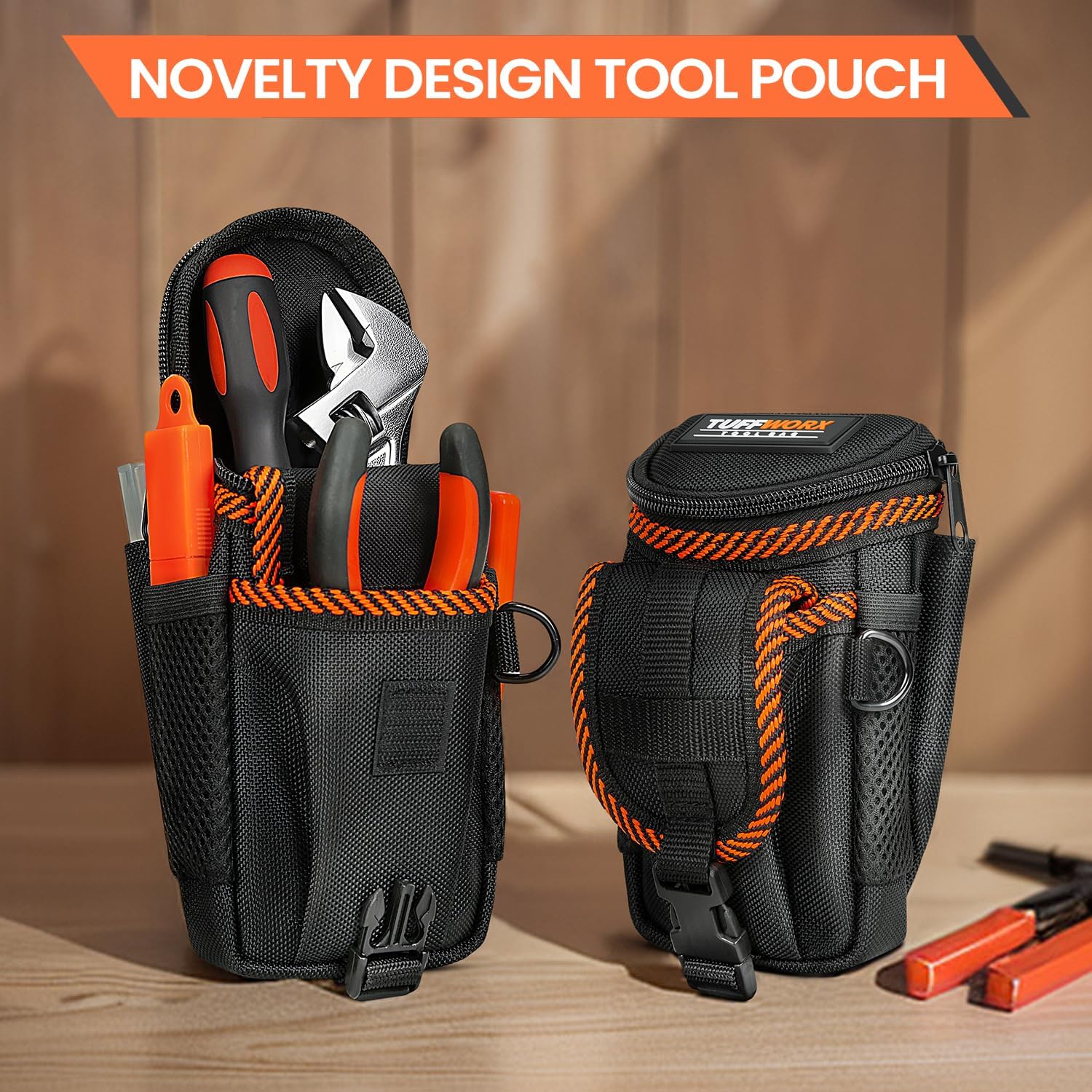 Tool Belt Pouch, Heavy Duty Utility Holder with Mesh Pocket, Black and Orange - Image 9