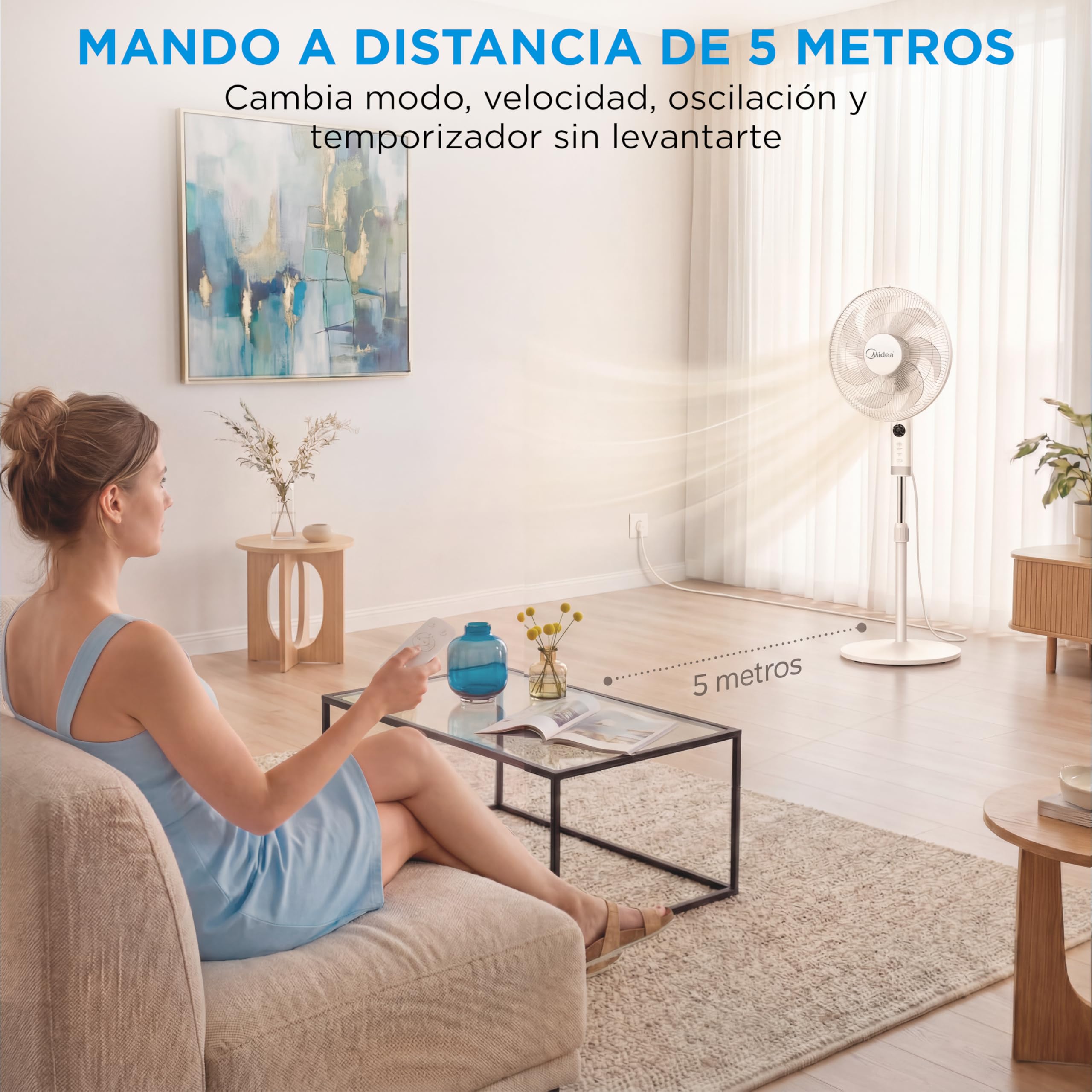 Midea Ventilador de Pie silencioso con Mando a Distancia y 3 velocidades - Ventilador Silencioso Oscilación 90º- Ventilador de Pie con Mando Temporizador 7h, Panel LED, Potente Motor, Altura Ajustable