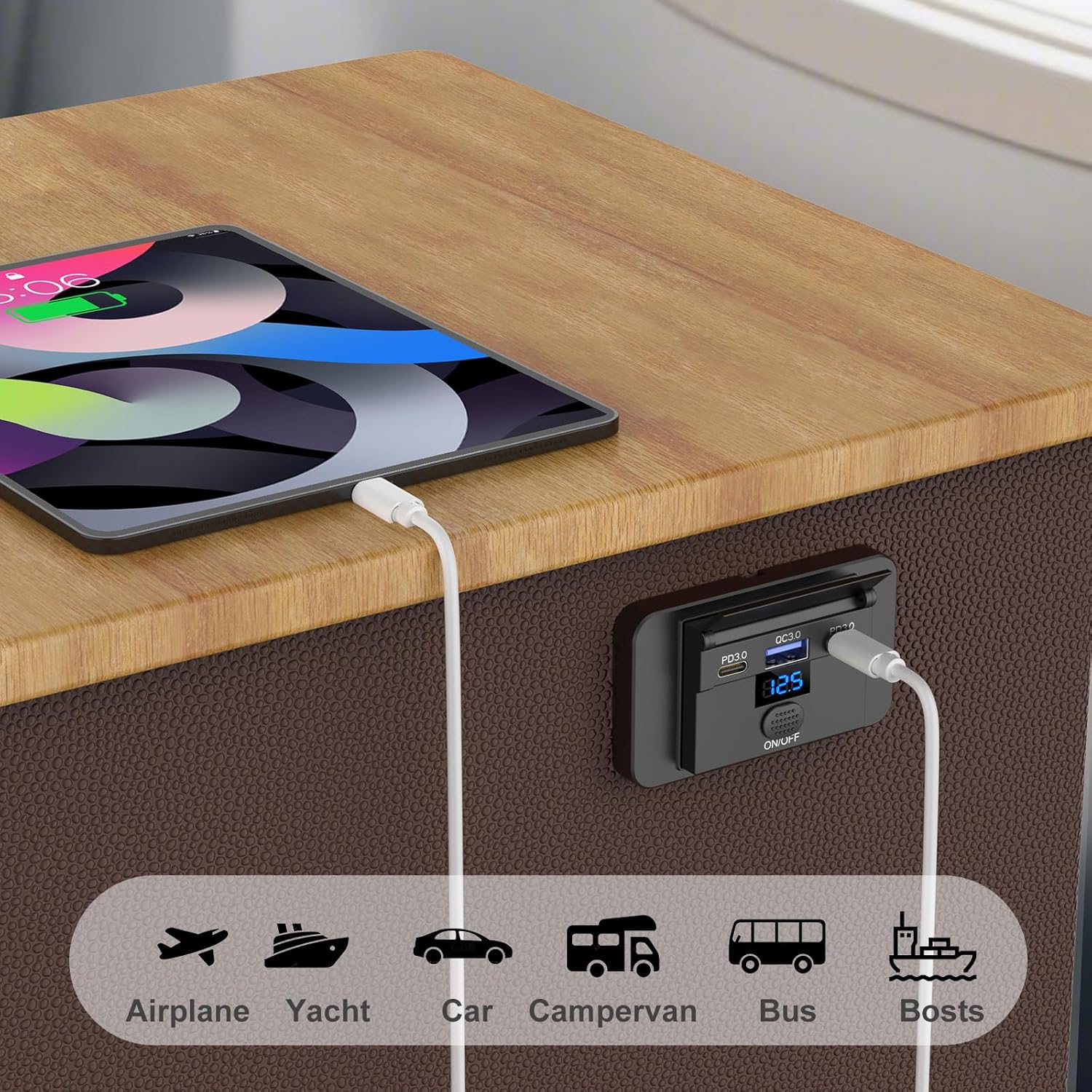 12V USB コンセント サーフェスマウント 軽量 電圧計付き デュアルUSB C 30W QC 3.0 18W カーチャージャー