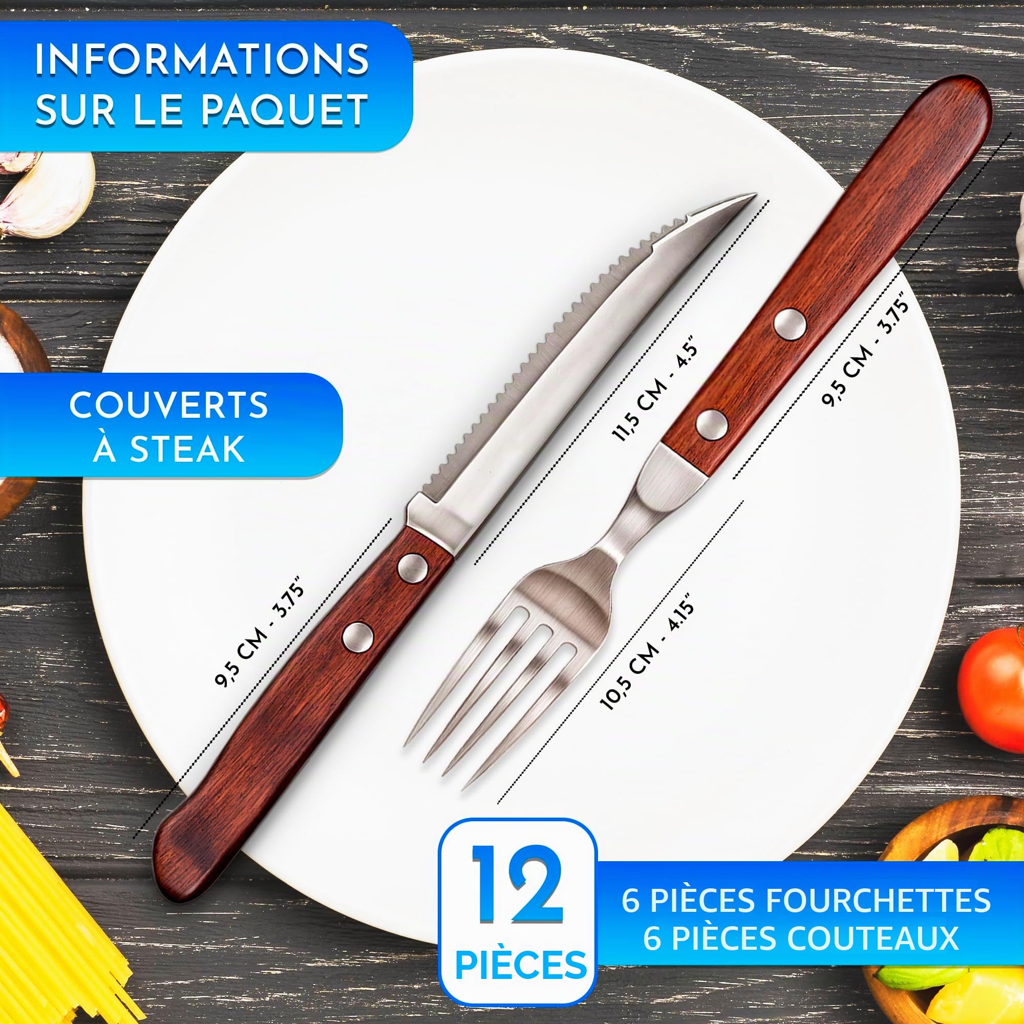 Couverts à steak Acier inox bois 12 pieces avec 6 couteaux à steak et 6 fourchettes à steak