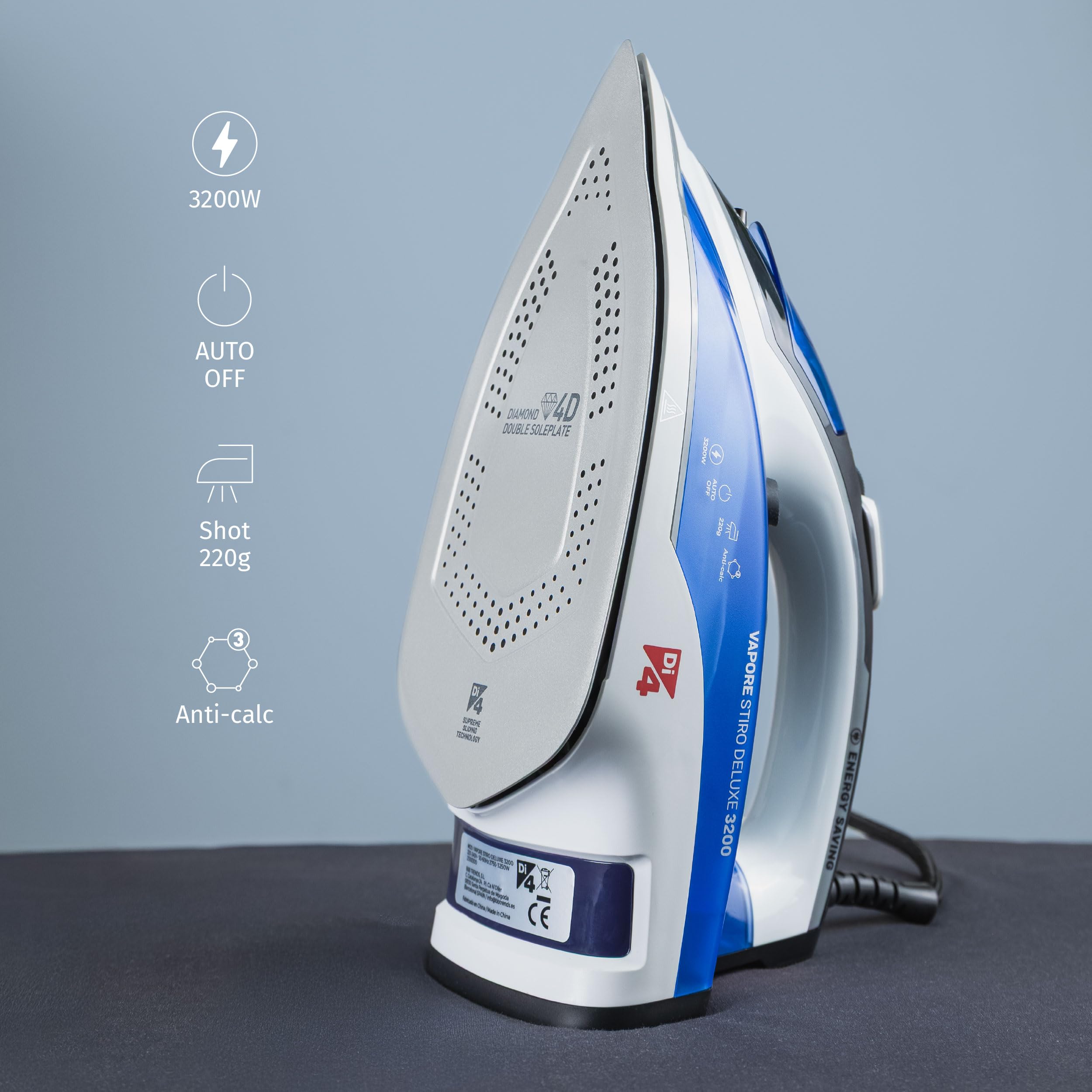 Di4 Vapore Stiro Deluxe Plancha de Vapor 3200W, Golpe de Vapor 260g, Vapor Continuo 50g/min, Suela Cerámica PrimeGlide, Sistema Antical 3 en 1, Antigoteo, Depósito 350ml, Planchado Vertical