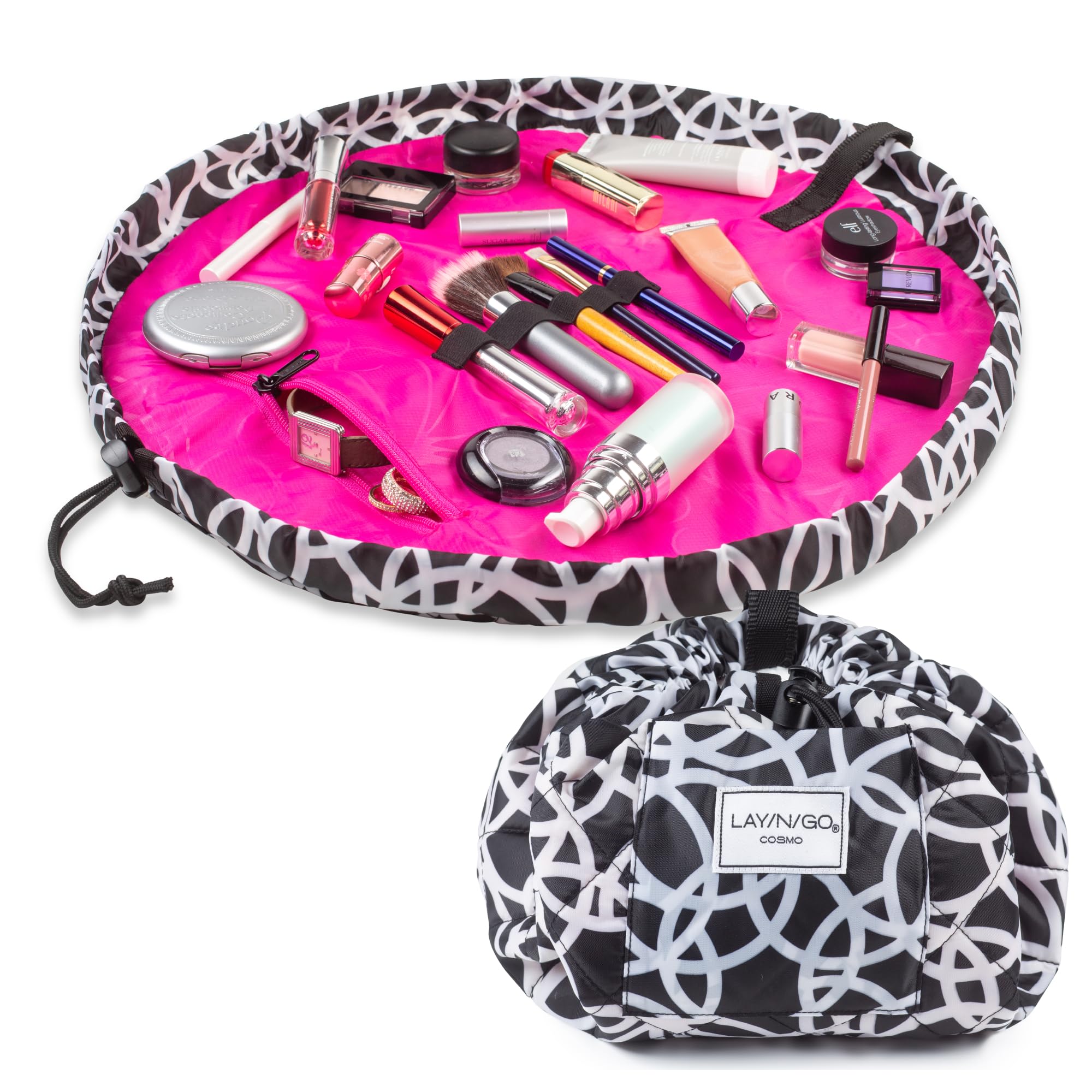 Lay-n-Go Cosmo Drawstring Cosmetic & Makeup Bag Organizer - Portable Makeup Bag w/Zipper Pocket, Makeup Loops & More - Durable, Machine Washable Travel Makeup Bag (20”, Black/White)