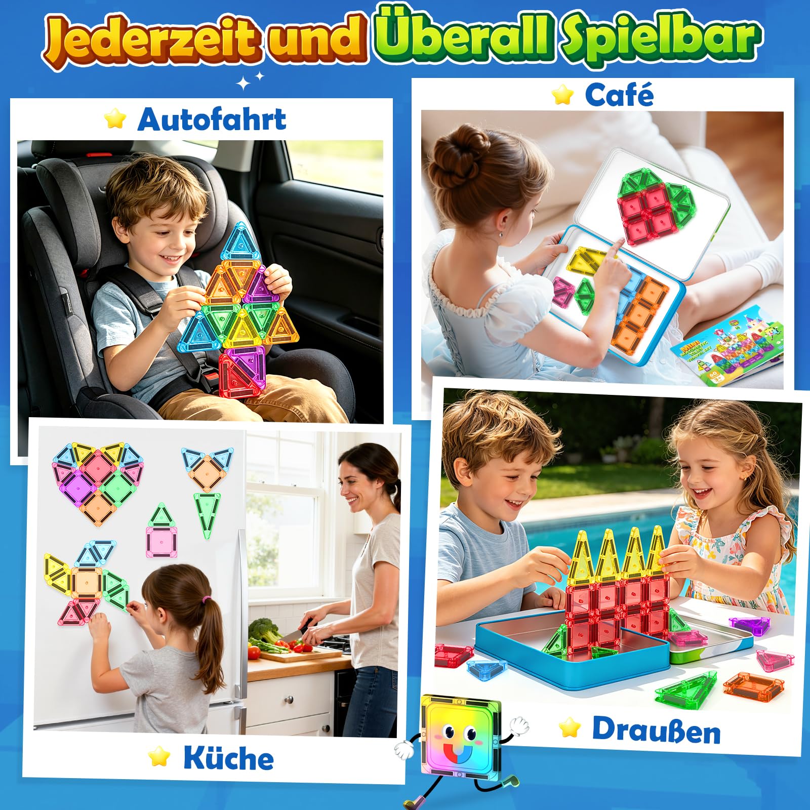 Mini Magnetische Bausteine Reiseset 60PCS mit Metallbox, STEM Lernspielzeug | Tragbares Reisespielzeug ab 3 Jahren für Kinder, STEM Bauspielzeug, Sensorik-Spielzeug, kompatibel mit Magnetbausteinen
