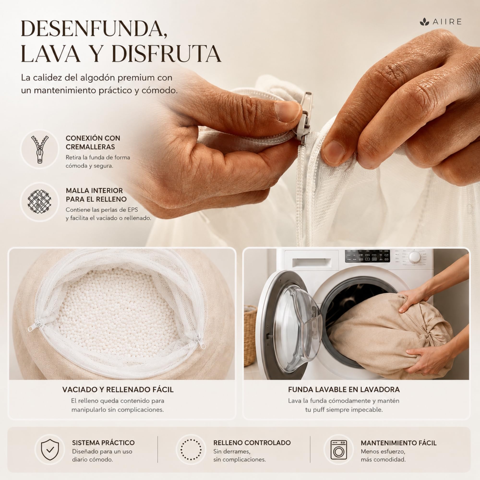 Aiire Puff Pera con Relleno Incluido - Puff Gamer Moderno de Diseño - Niño o Adulto para Salon o Habitación Juvenil - Sillón Puf Infantil XXL Adolescente - Puffs en Algodón Premium Beige