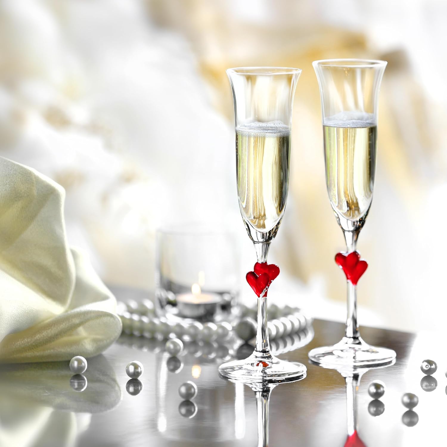 Stölzle Lausitz L'Amore Crystal Champagne Glasses Set of 2 (Red Heart Design). Dishwasher Safe Glass Champagne Flutes Set of 2 (6 Fl oz). Mimosa Glasses / Mimosa Flutes - Genuine Stölzle Glassware