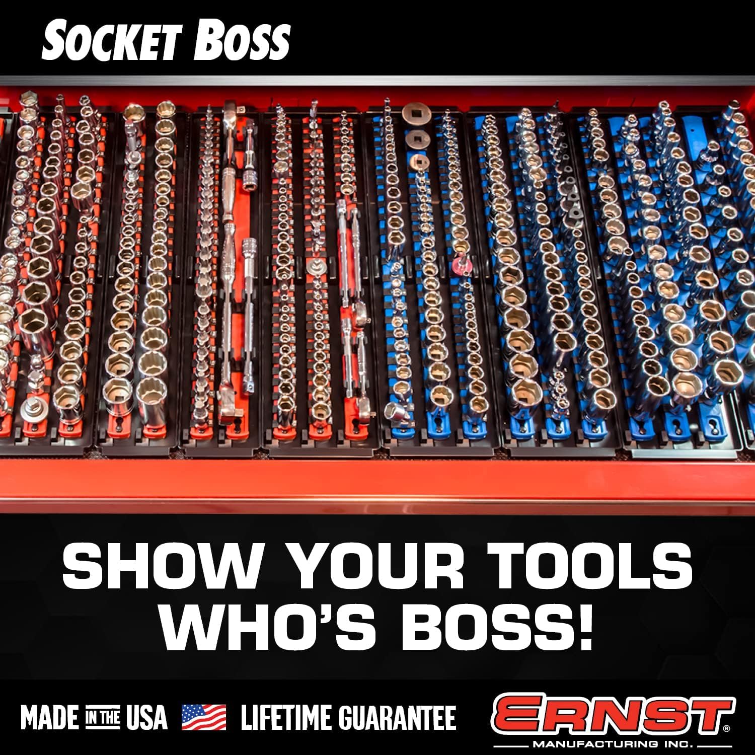 Ernst Manufacturing 2 Pack of Socket Boss with 18" Rails, 1 Red & 1 Blue for Complete Multiple Drive Size Socket Organization, Holds 114 Sockets - Made in USA (Patented) — Amazon image 5