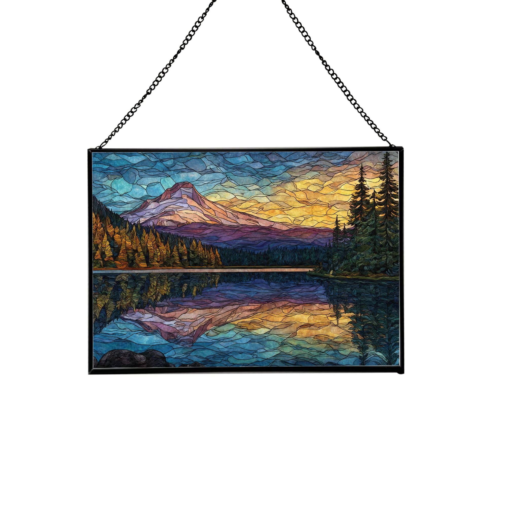 Trillium Lake-Oregon City Stained Glass Suncatcher – Rectangular Hanging Window Panel with Urban Street Scene – Custom Glass Art Gift for Travelers, Architecture, Skyline Lovers FENAhk